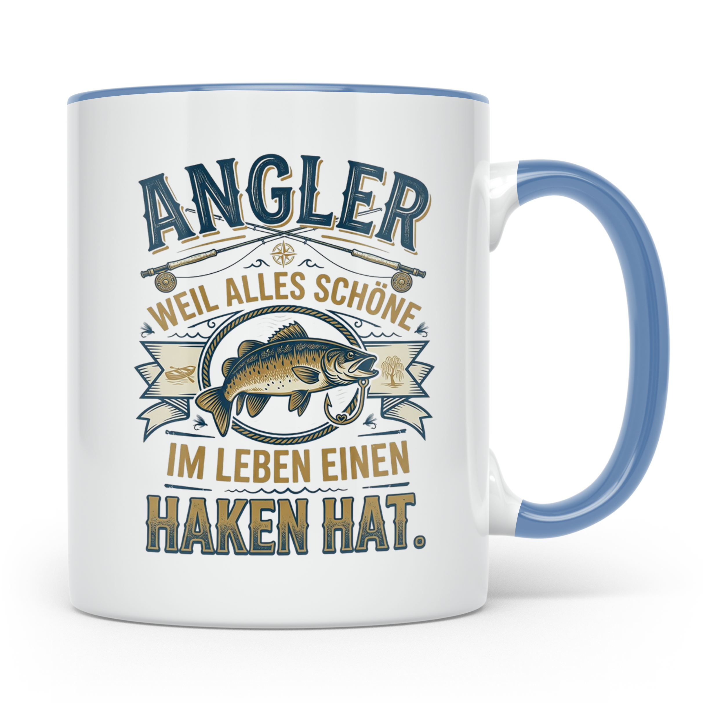 Angler Tasse mit Spruch Alles Schöne im Leben hat einen Hake – Blau [farbe:blau]