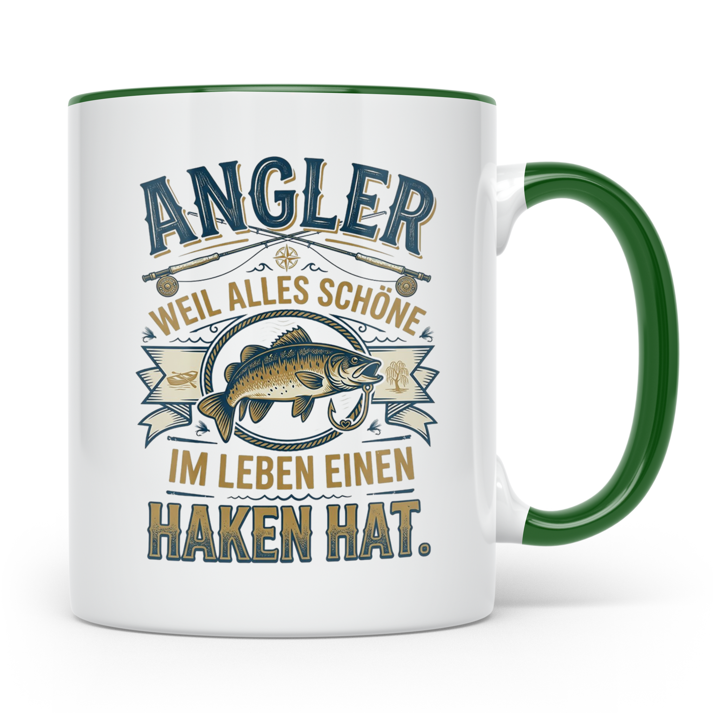 Angler Tasse mit Spruch Alles Schöne im Leben hat einen Hake – Grün [farbe:grün]
