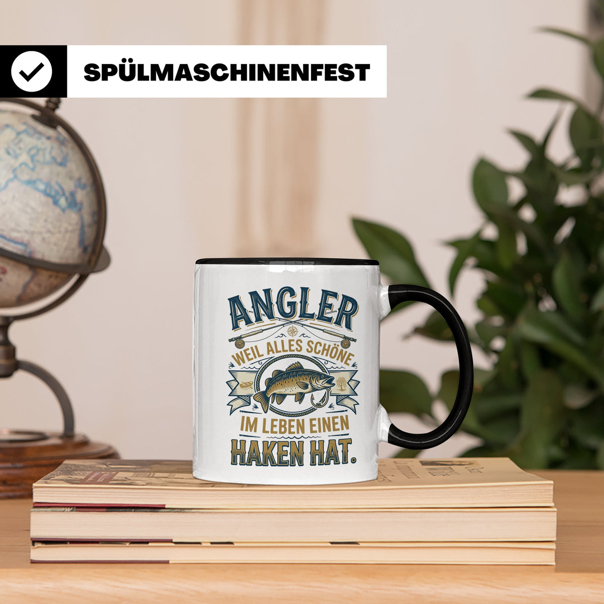 Angler Tasse mit Spruch Alles Schöne im Leben hat einen Hake – Schwarz [farbe:schwarz]
