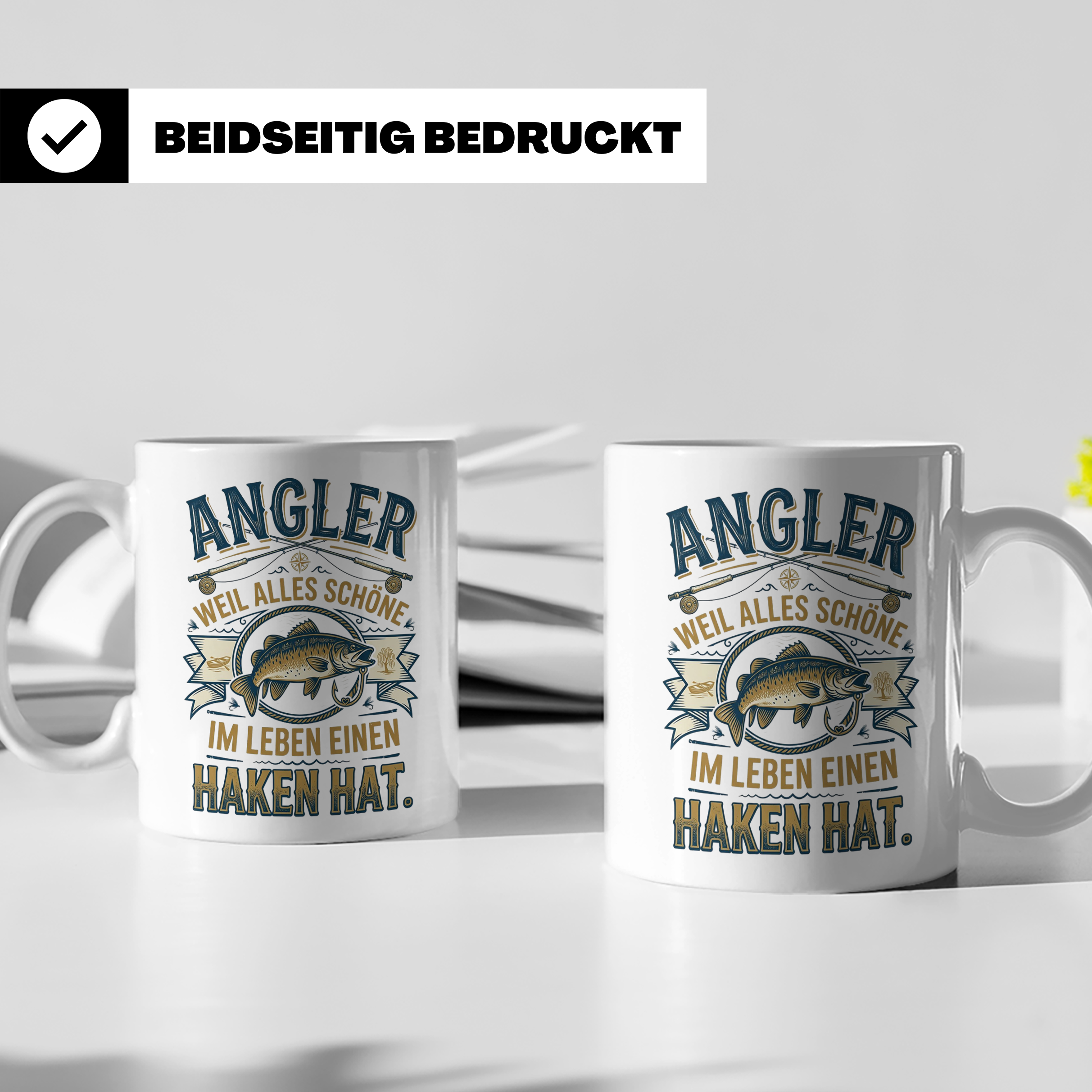 Angler Tasse mit Spruch Alles Schöne im Leben hat einen Hake – Weiß [farbe:weiß]