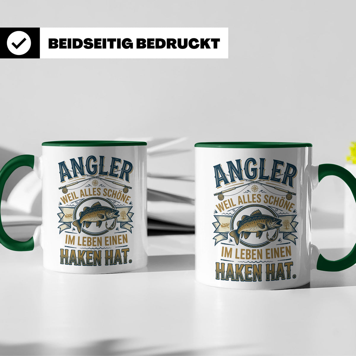 Angler Tasse mit Spruch Alles Schöne im Leben hat einen Hake – Grün [farbe:grün]