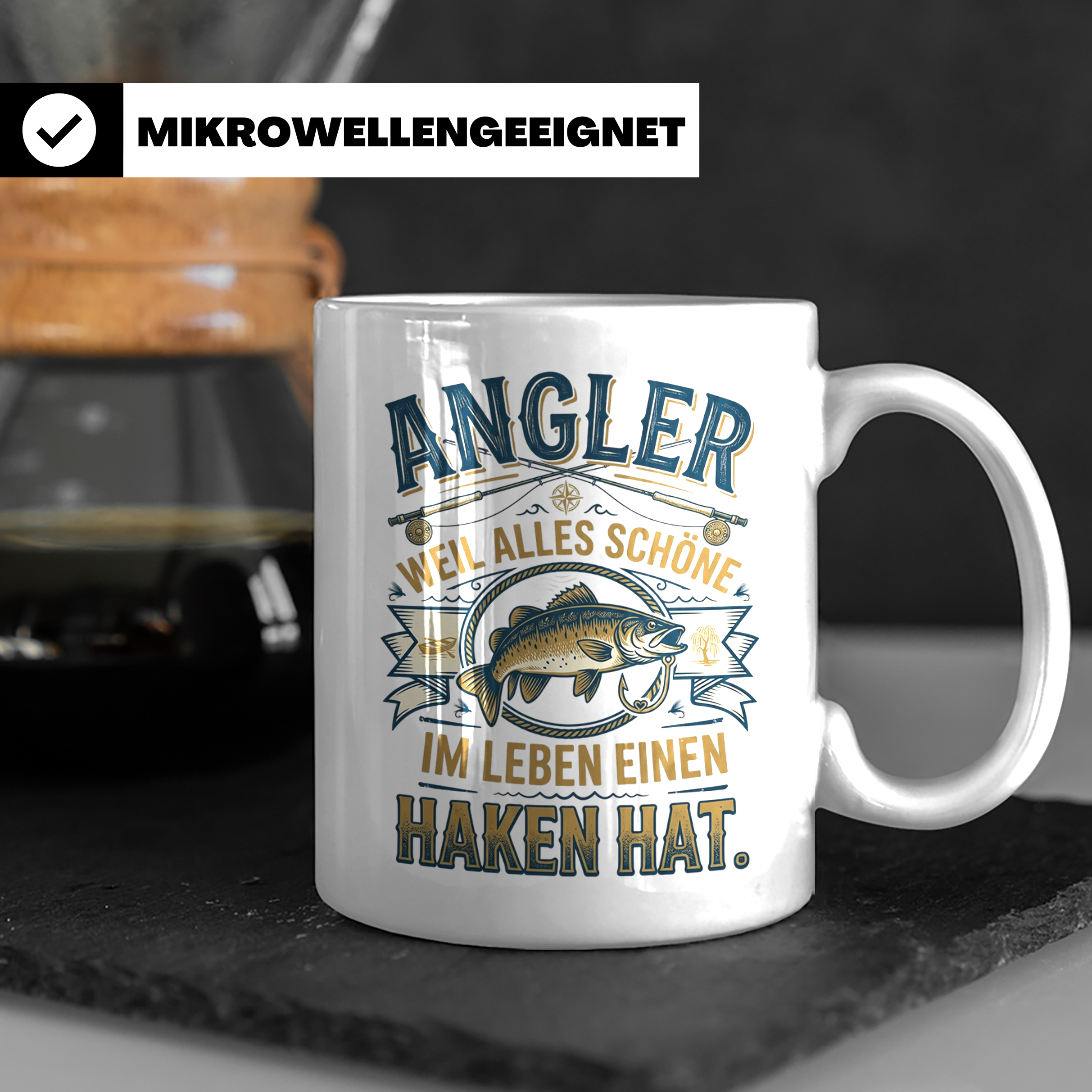 Angler Tasse mit Spruch Alles Schöne im Leben hat einen Hake – Weiß [farbe:weiß]