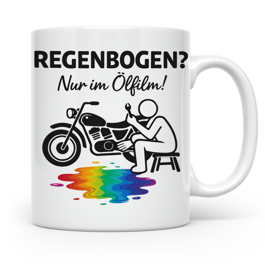 Biker Tasse mit Spruch Regenbogen nur im Ölfilm, Geschenk fü – Weiß [farbe:weiß]