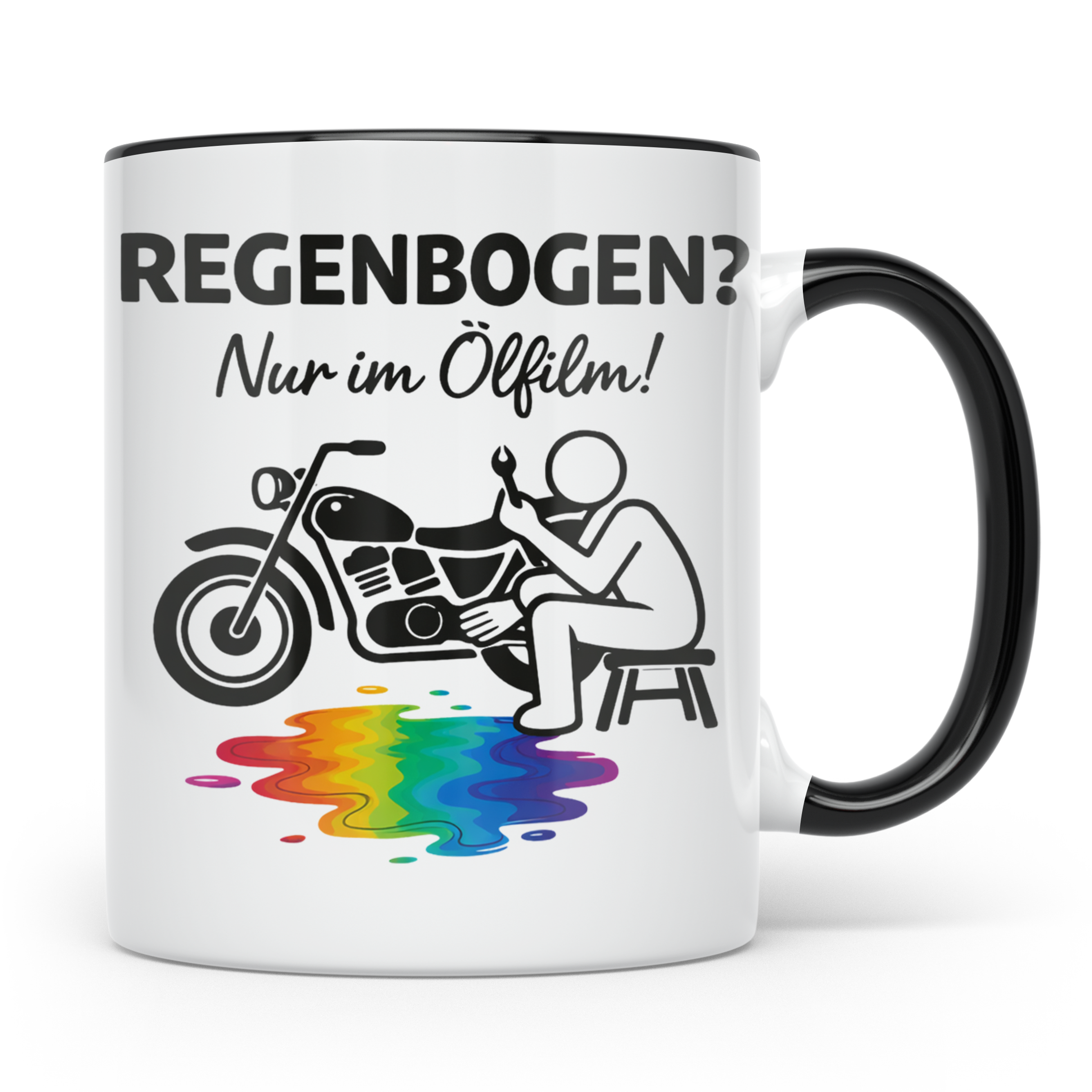 Biker Tasse mit Spruch Regenbogen nur im Ölfilm, Geschenk fü – Schwarz [farbe:schwarz]