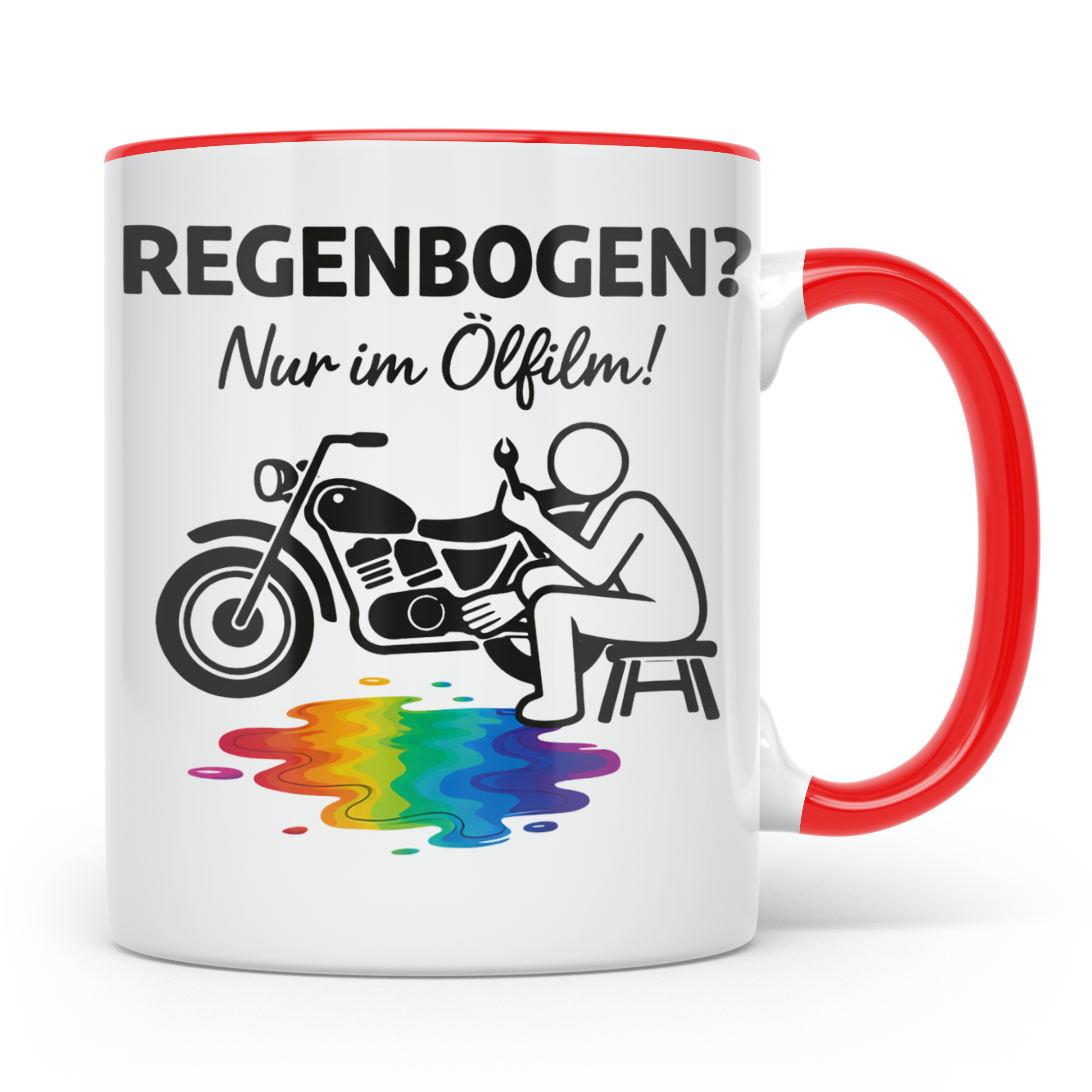 Biker Tasse mit Spruch Regenbogen nur im Ölfilm, Geschenk fü – Rot [farbe:rot]