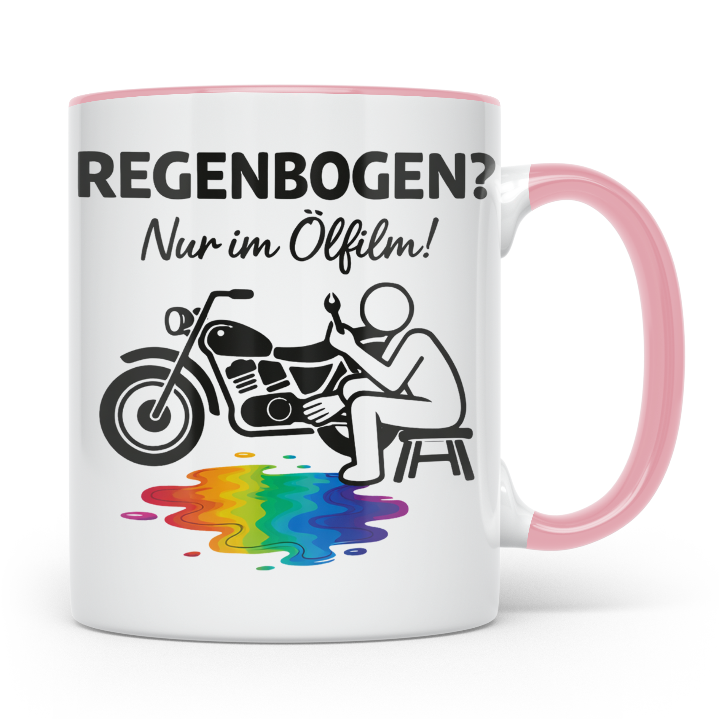 Biker Tasse mit Spruch Regenbogen nur im Ölfilm, Geschenk fü – Rosa [farbe:rosa]