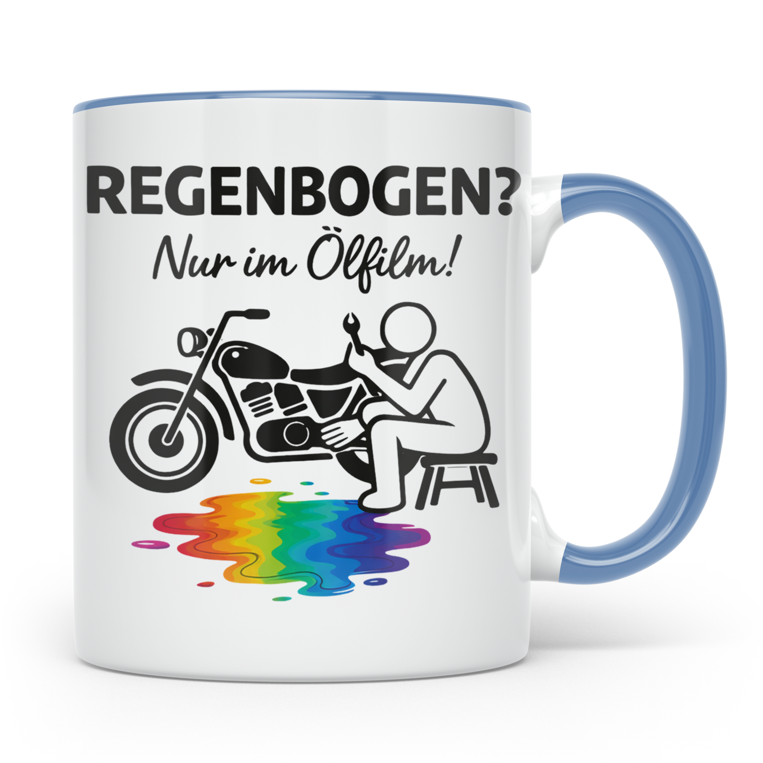 Biker Tasse mit Spruch Regenbogen nur im Ölfilm, Geschenk fü – Blau [farbe:blau]
