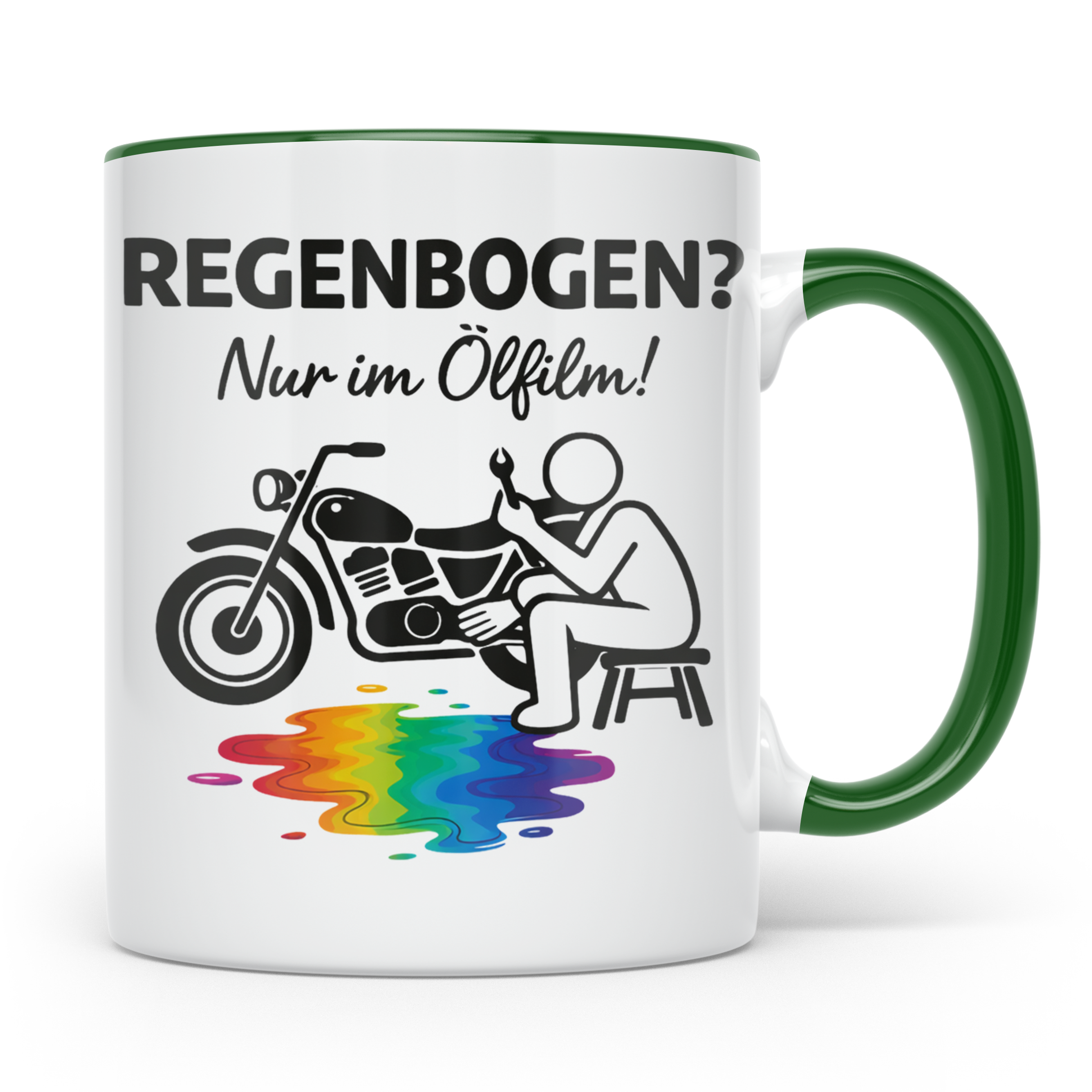 Biker Tasse mit Spruch Regenbogen nur im Ölfilm, Geschenk fü – Grün [farbe:grün]