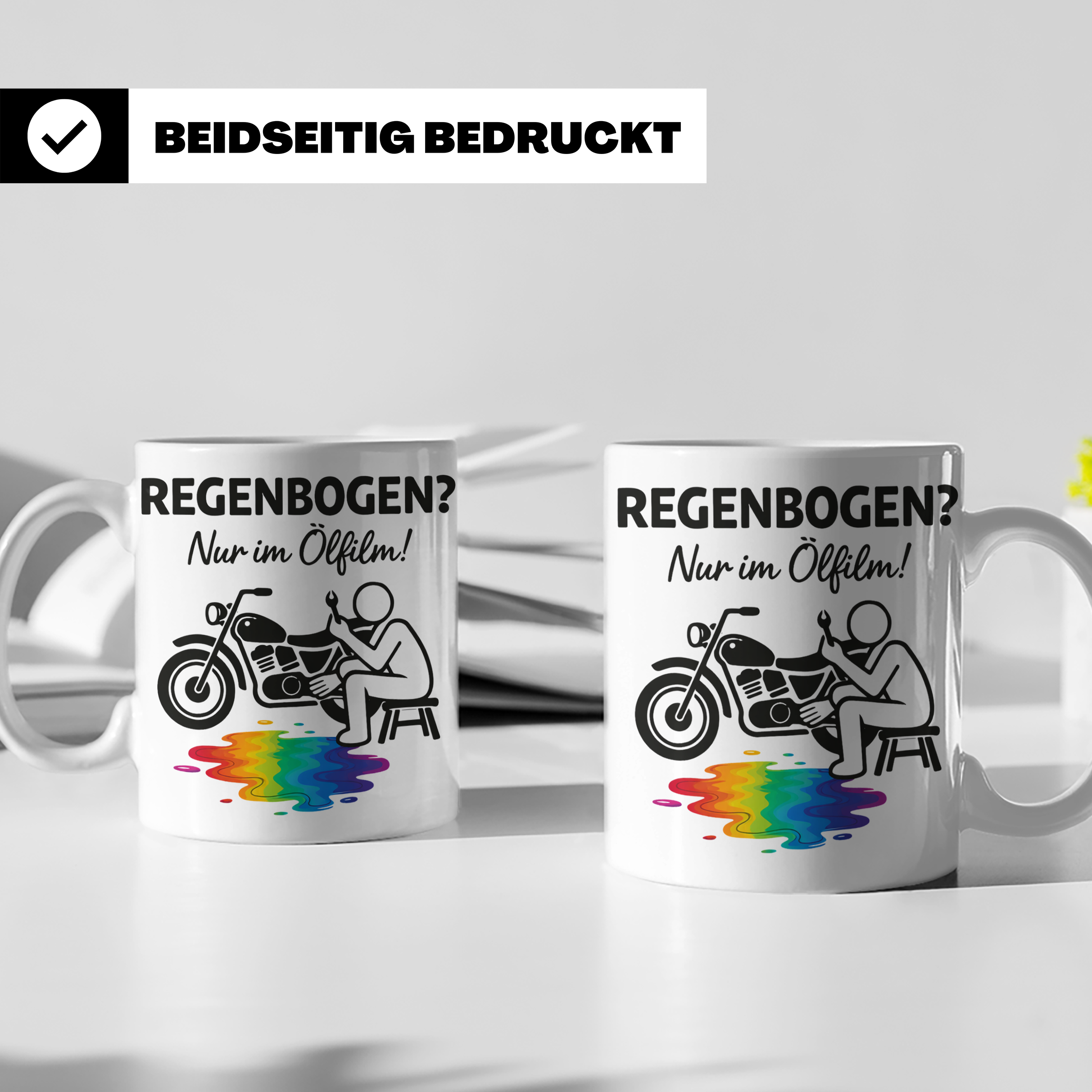 Biker Tasse mit Spruch Regenbogen nur im Ölfilm, Geschenk fü – Weiß [farbe:weiß]