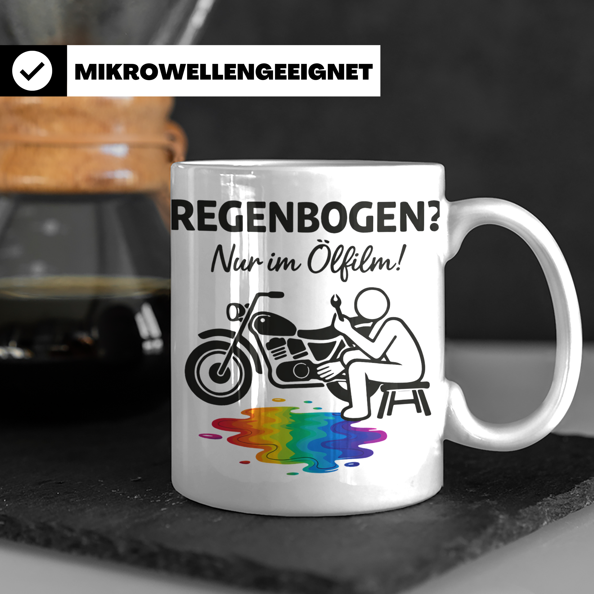 Biker Tasse mit Spruch Regenbogen nur im Ölfilm, Geschenk fü – Weiß [farbe:weiß]