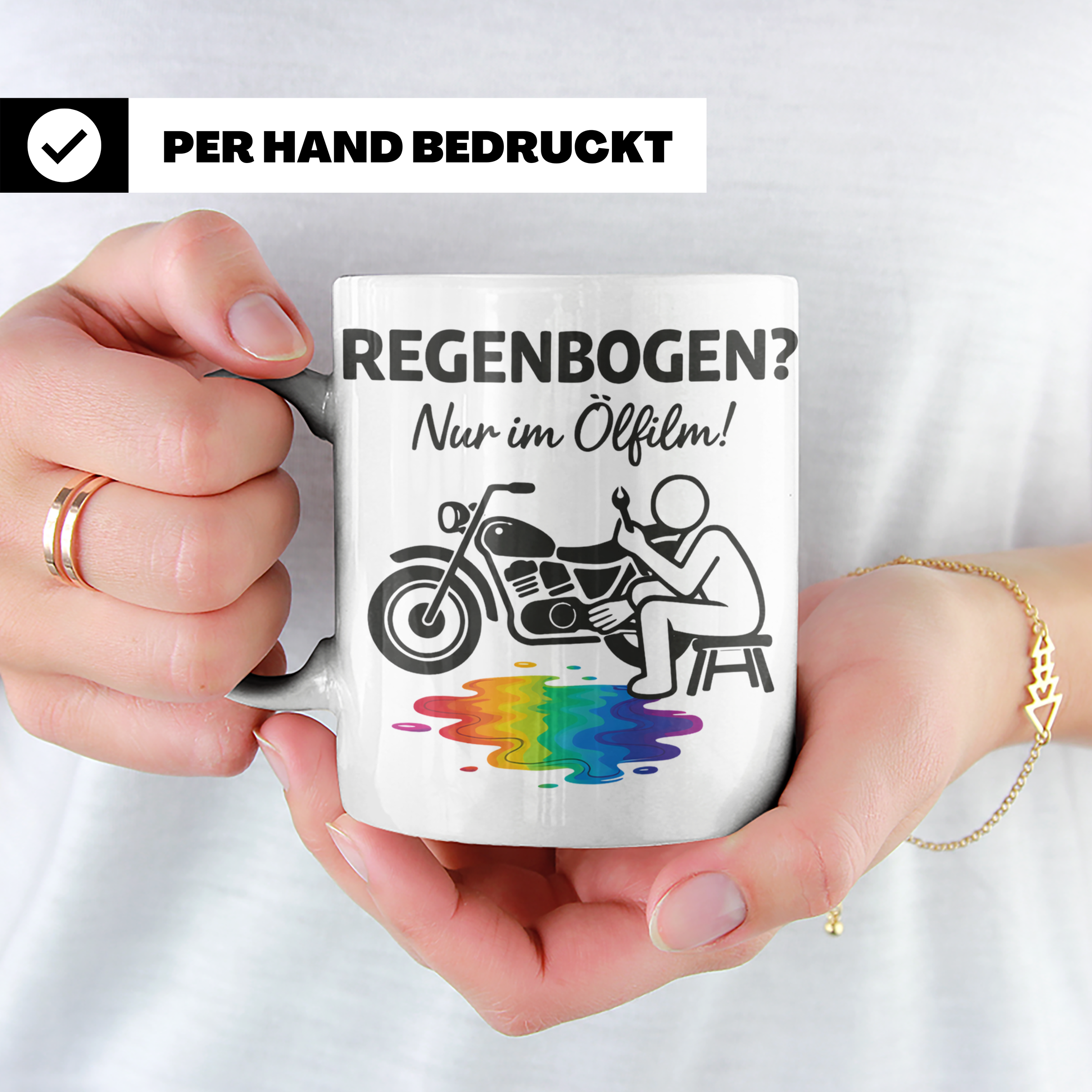 Biker Tasse mit Spruch Regenbogen nur im Ölfilm, Geschenk fü – Weiß [farbe:weiß]