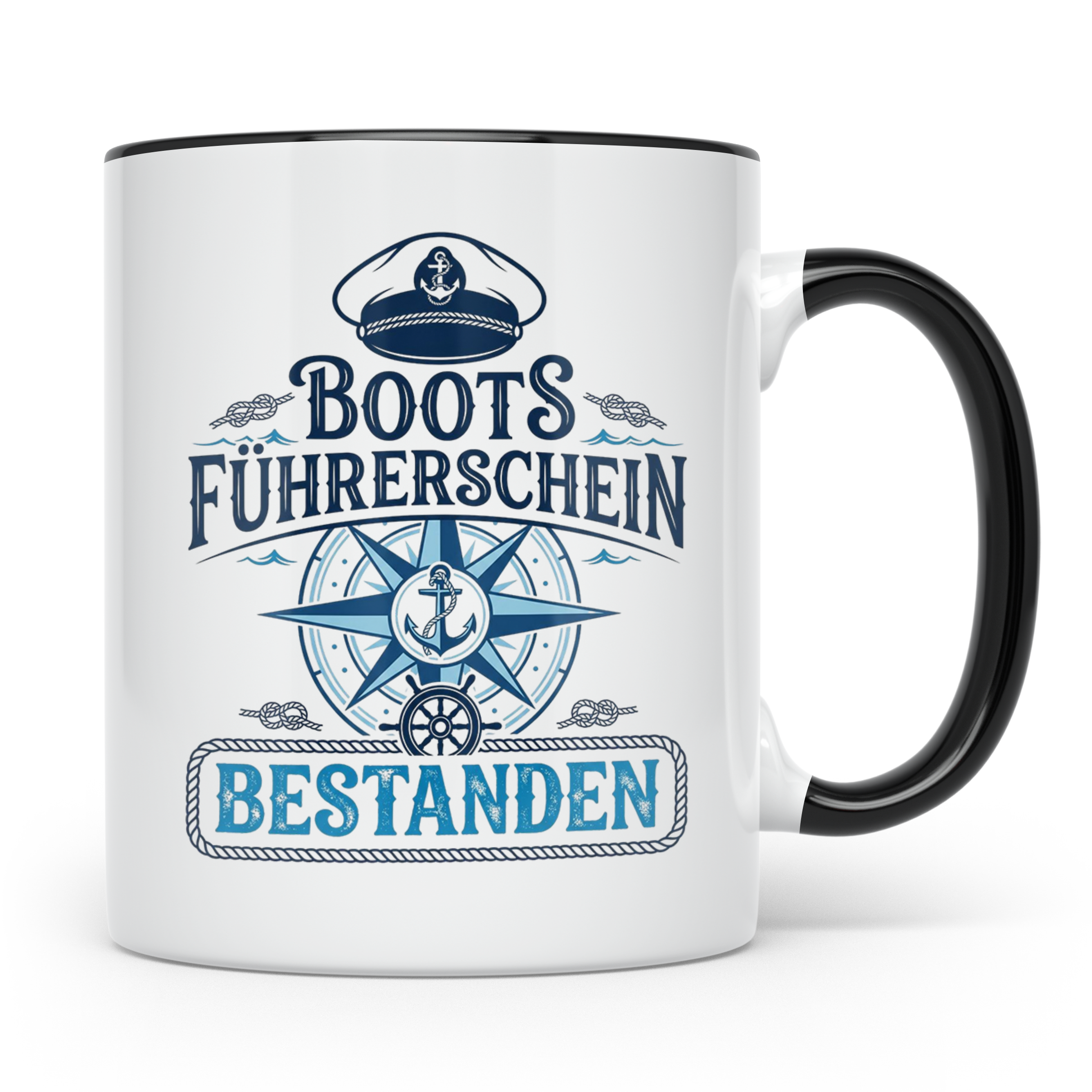 Bootsführerschein bestanden Tasse für Skipper, Kapitän & Seg – Schwarz [farbe:schwarz]