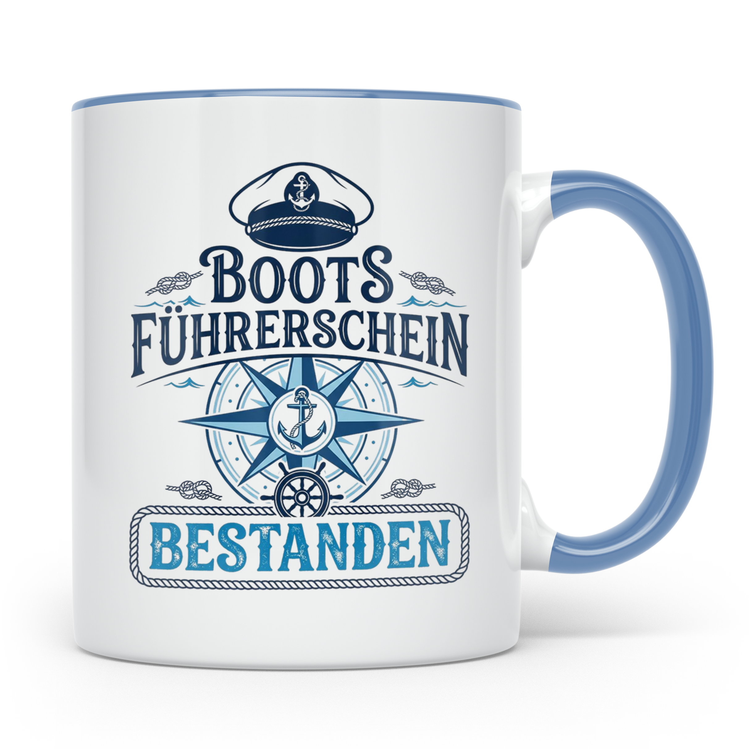Bootsführerschein bestanden Tasse für Skipper, Kapitän & Seg – Blau [farbe:blau]