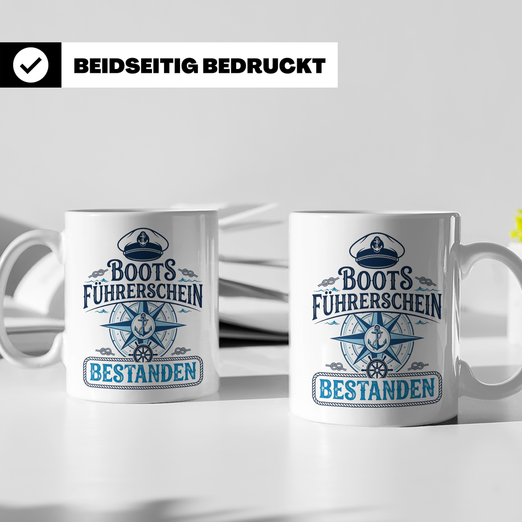Bootsführerschein bestanden Tasse für Skipper, Kapitän & Seg – Weiß [farbe:weiß]