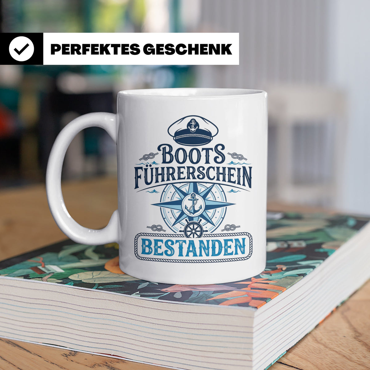 Bootsführerschein bestanden Tasse für Skipper, Kapitän & Seg – Weiß [farbe:weiß]