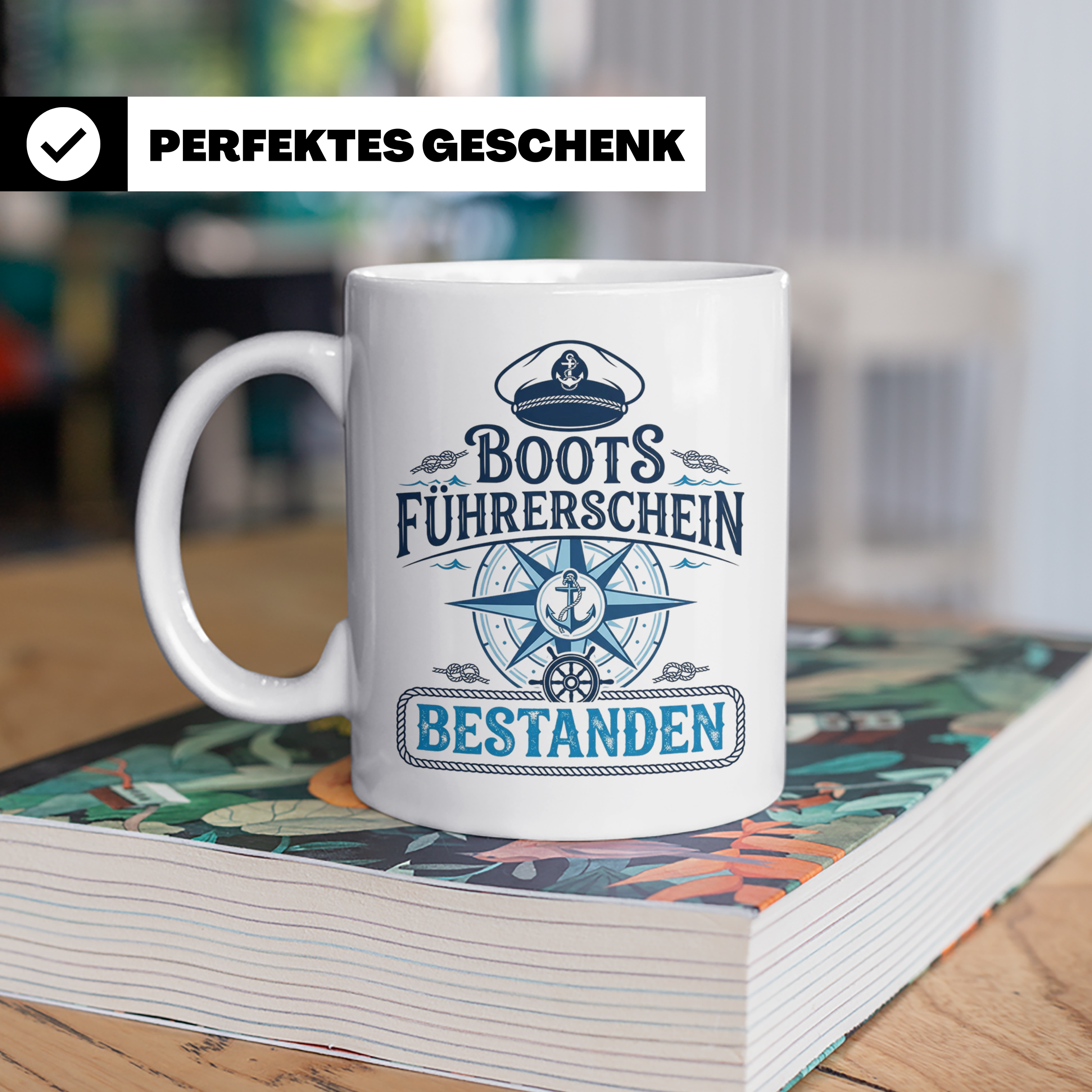 Bootsführerschein bestanden Tasse für Skipper, Kapitän & Seg – Weiß [farbe:weiß]