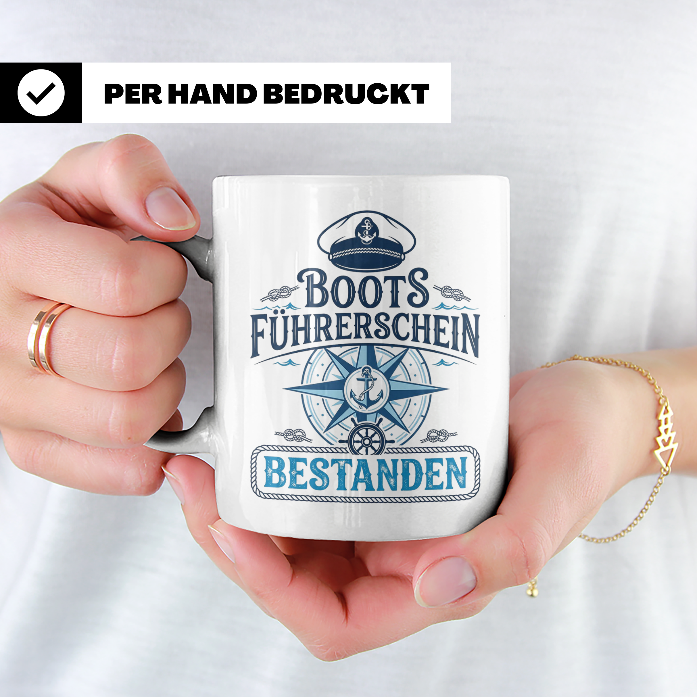 Bootsführerschein bestanden Tasse für Skipper, Kapitän & Seg – Weiß [farbe:weiß]