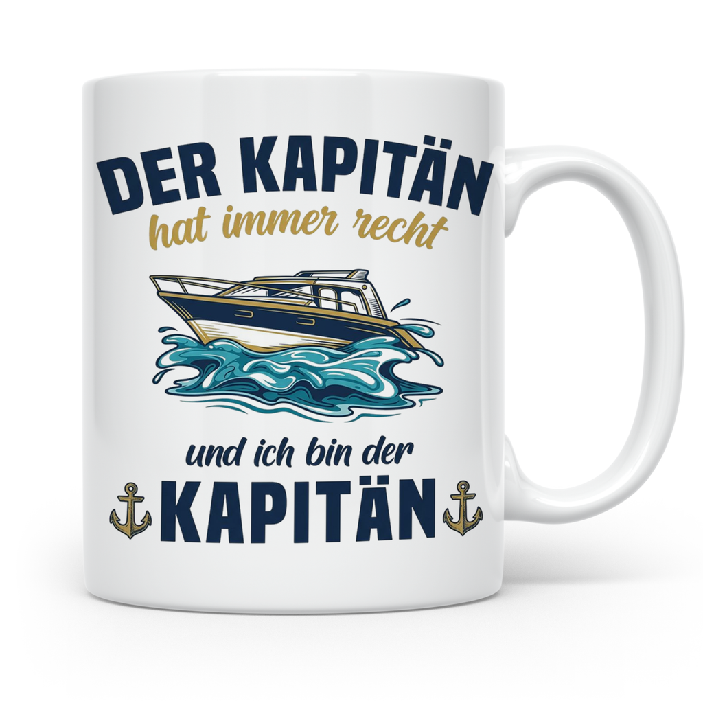 Kapitän Tasse mit Spruch 'hat immer recht' für Bootsfahrer,  – Weiß [farbe:weiß]