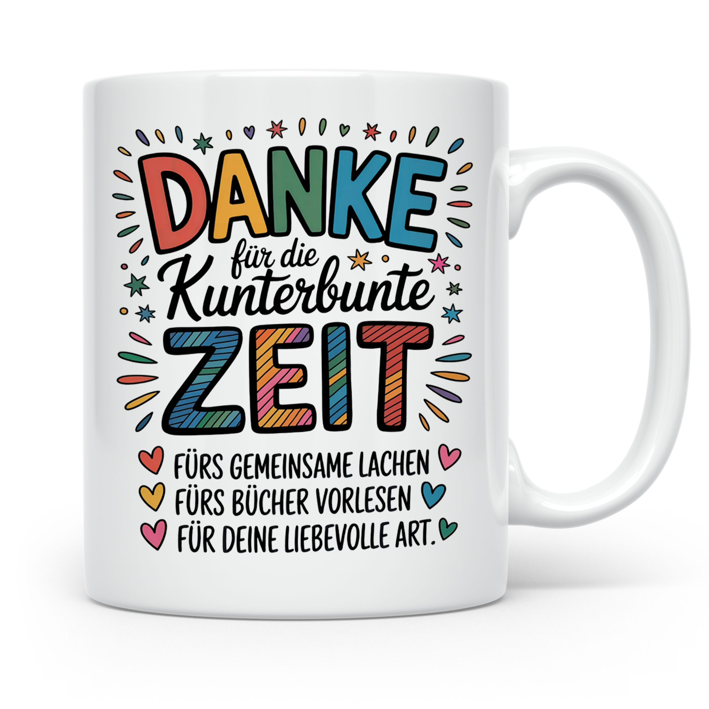 Danke Kaffeetasse - Kunterbunte Zeit! Wertschätzung Geschenkidee für Erzieher, Lehrer zum Geburtstag, Abschied oder einfach so.