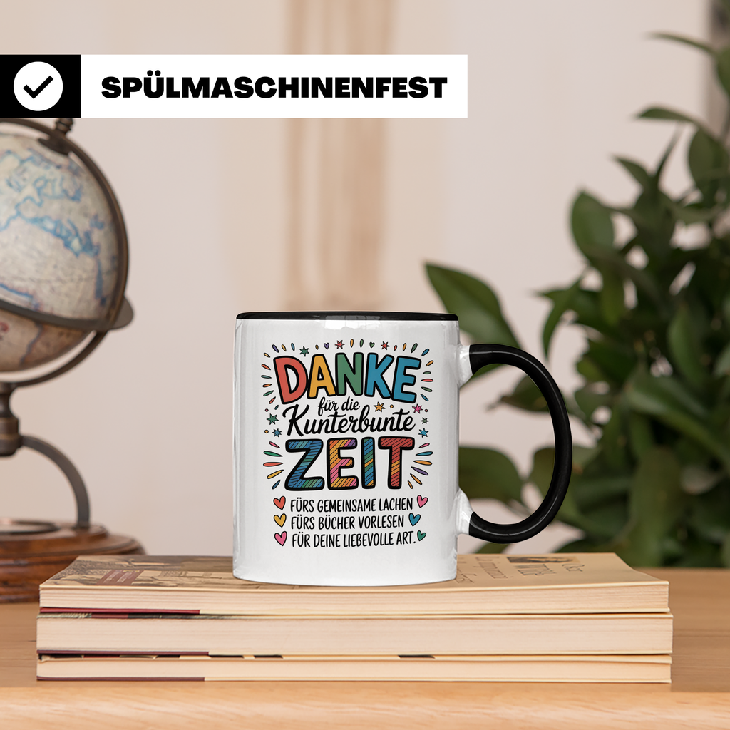 Danke Kaffeetasse - Kunterbunte Zeit! Wertschätzung Geschenkidee für Erzieher, Lehrer zum Geburtstag, Abschied oder einfach so.