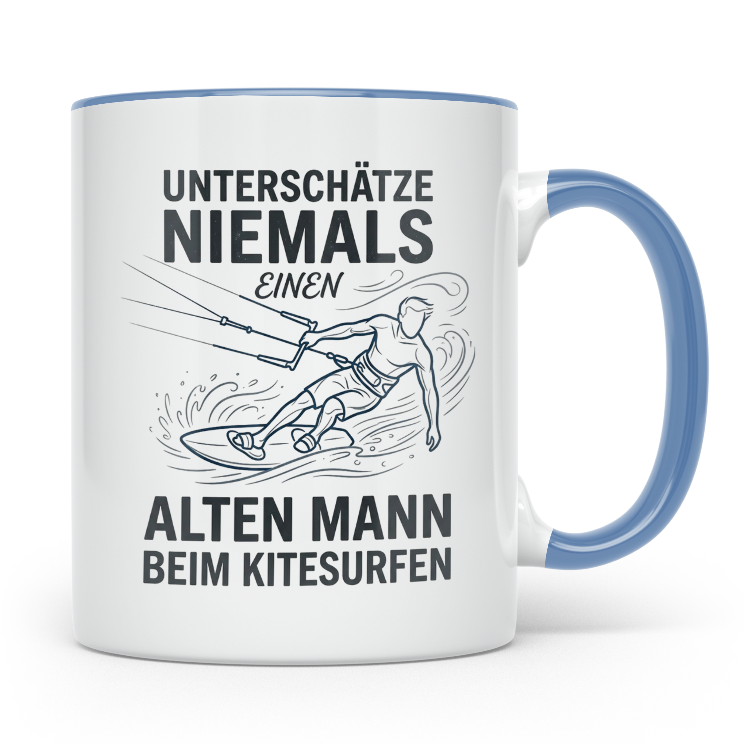 Alter Mann Kitesurfen Tasse Spruch Unterschätze niemals Kite – Blau [farbe:blau]