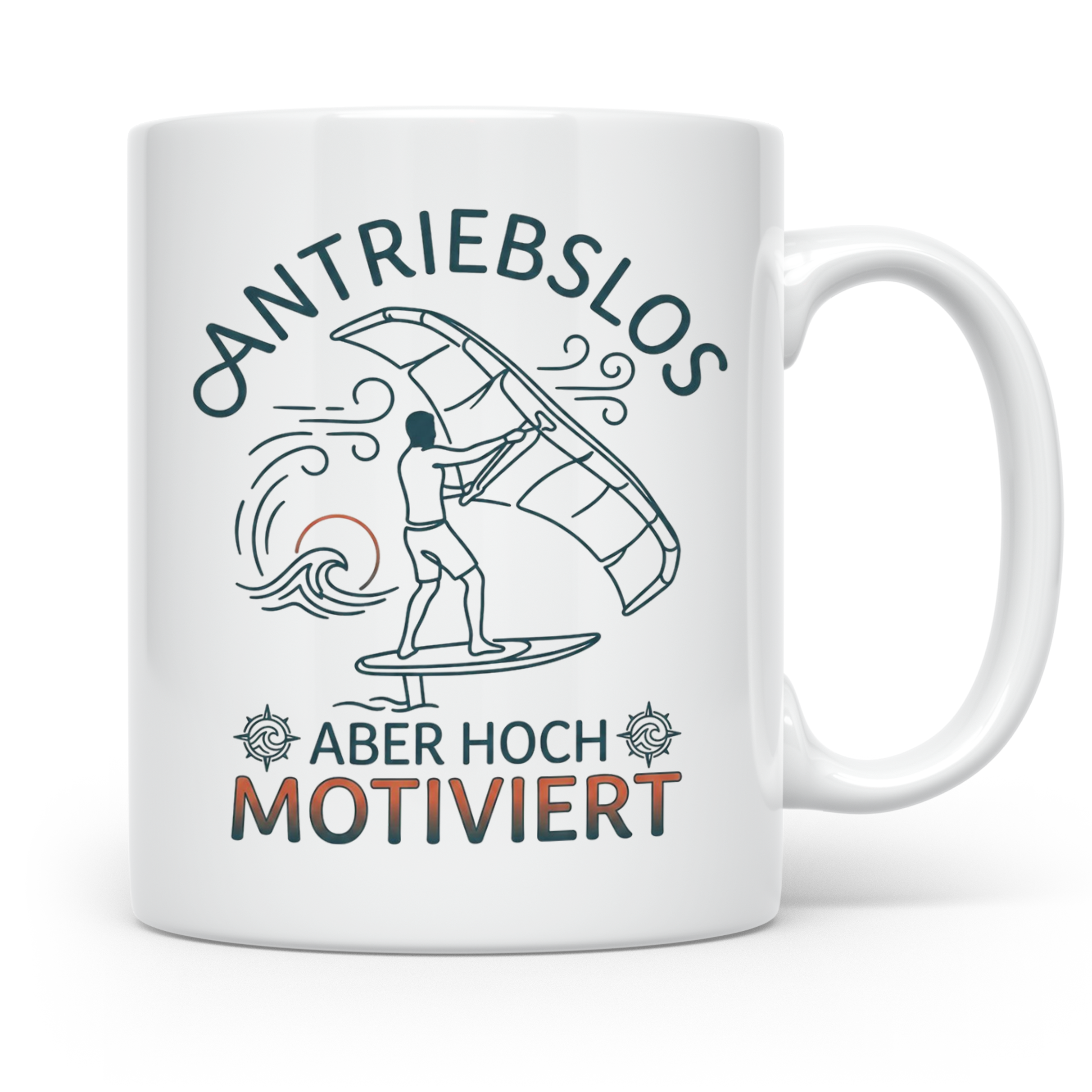 Wingfoil Tasse mit Spruch 'Antriebslos aber hoch motiviert'  – Weiß [farbe:weiß]