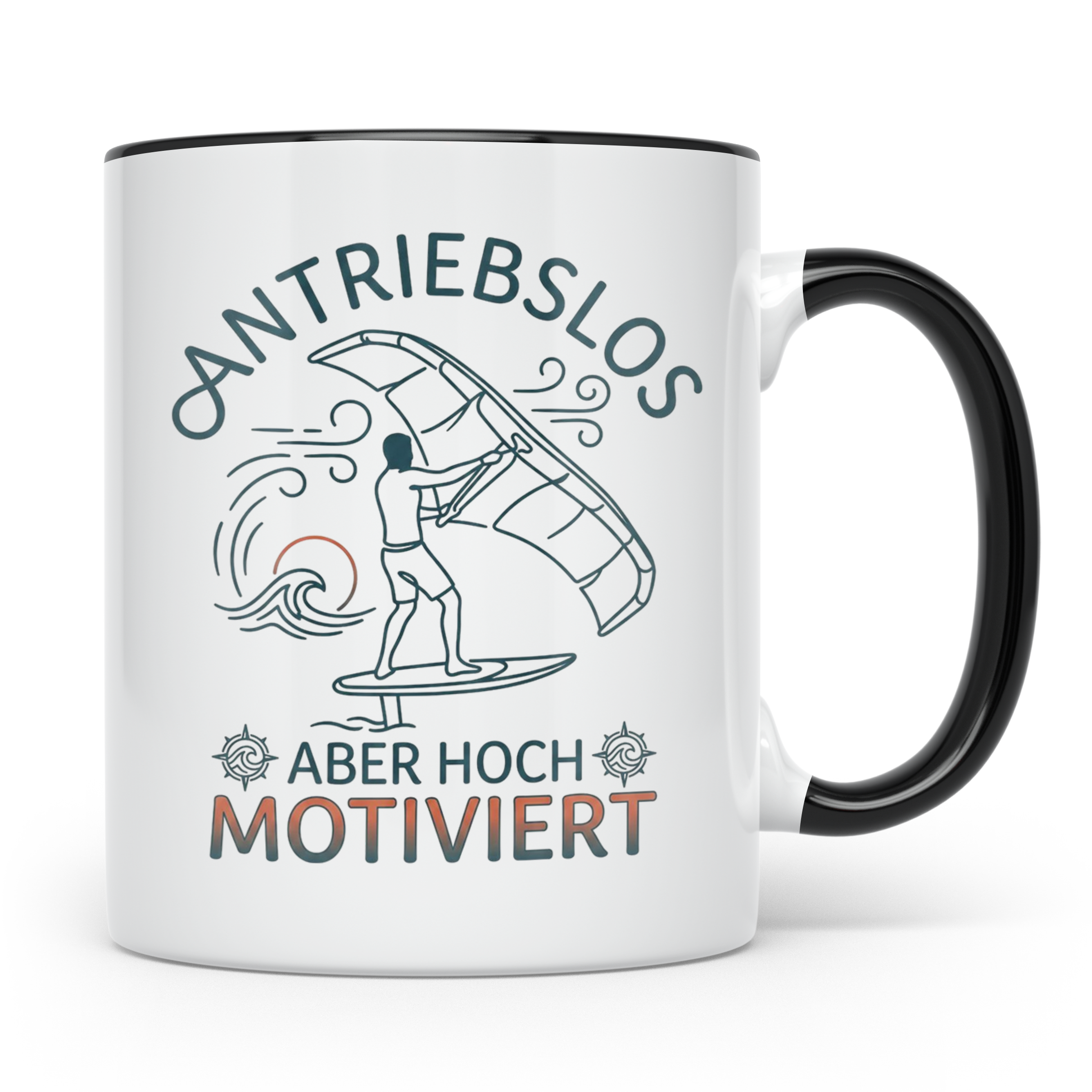 Wingfoil Tasse mit Spruch 'Antriebslos aber hoch motiviert'  – Schwarz [farbe:schwarz]