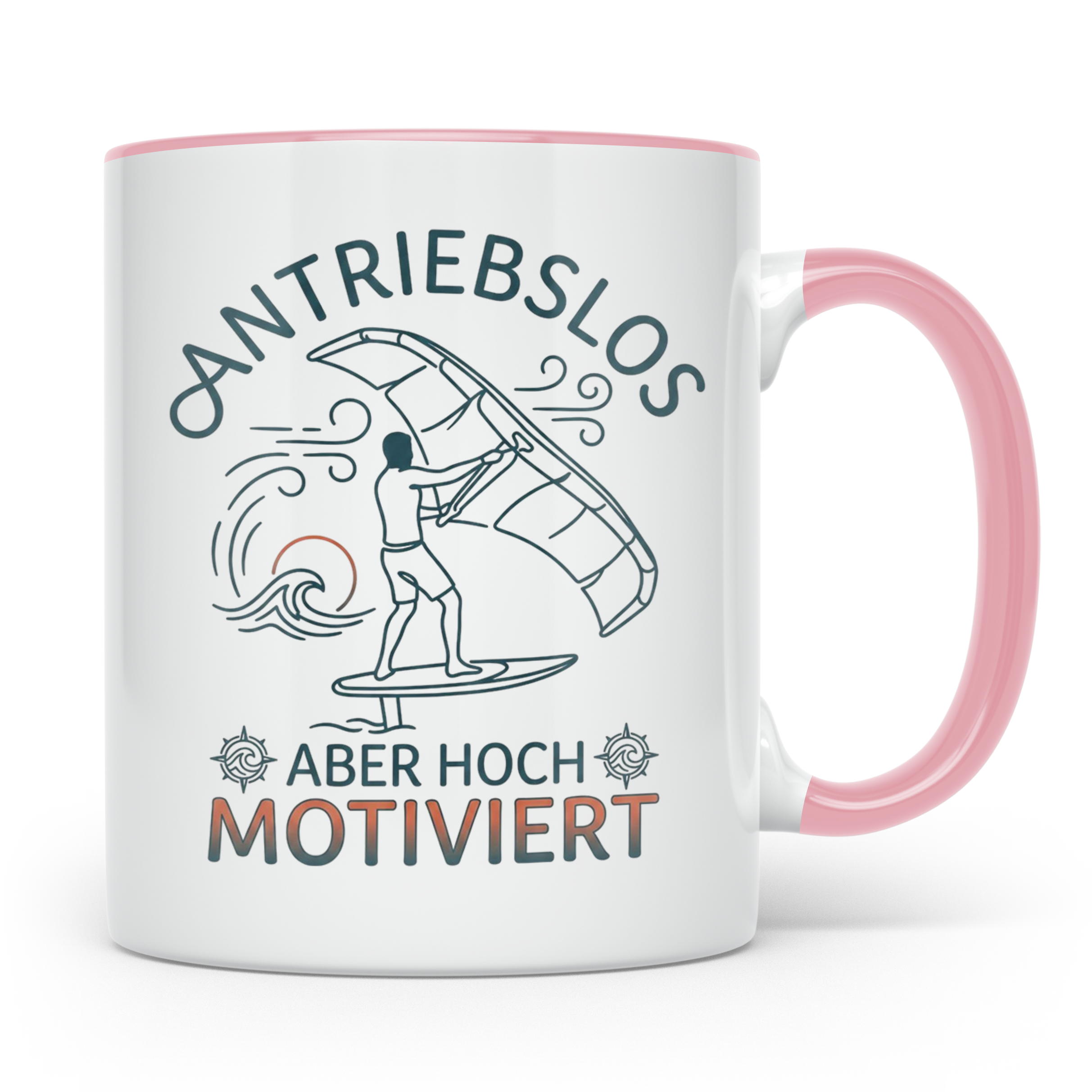 Wingfoil Tasse mit Spruch 'Antriebslos aber hoch motiviert'  – Rosa [farbe:rosa]