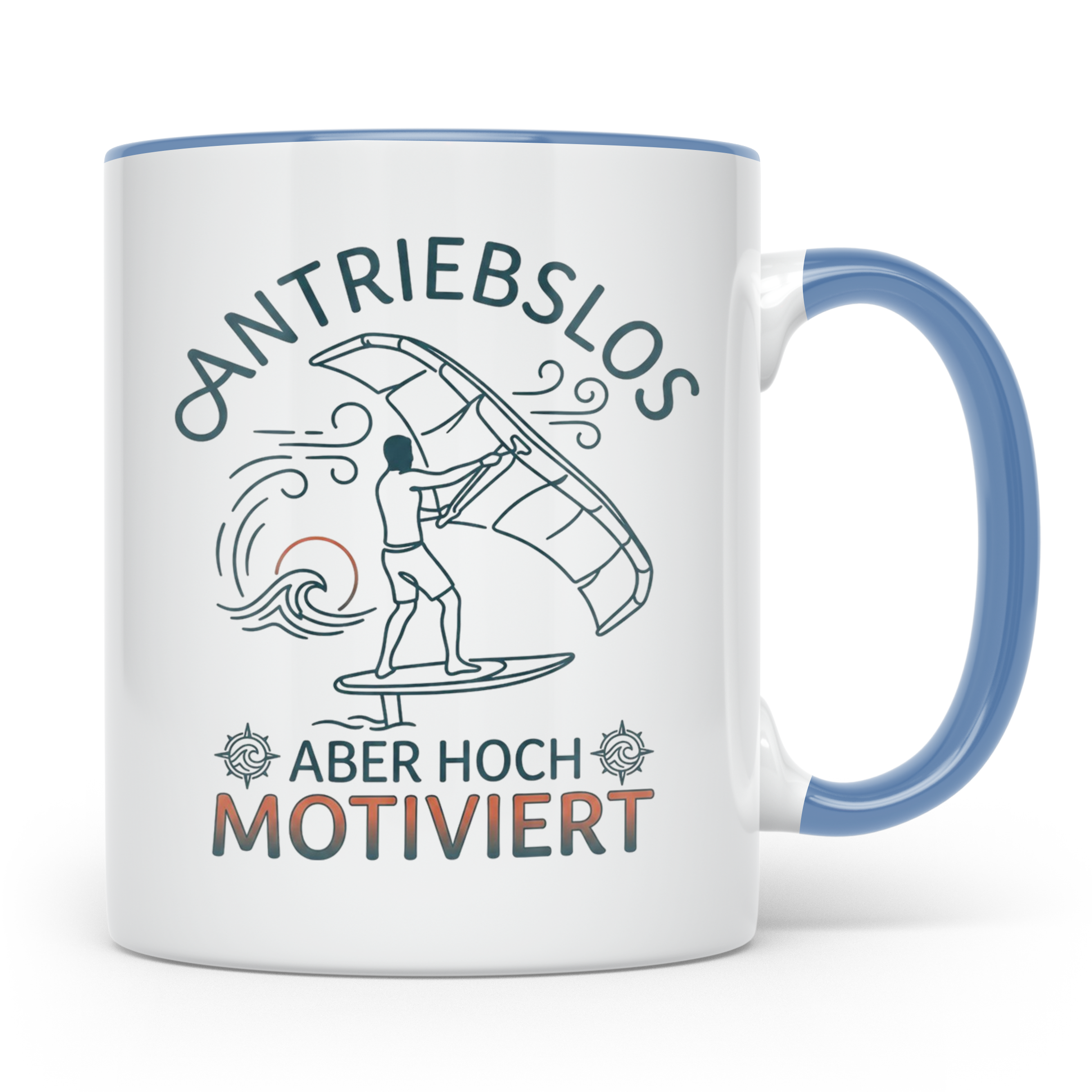Wingfoil Tasse mit Spruch 'Antriebslos aber hoch motiviert'  – Blau [farbe:blau]