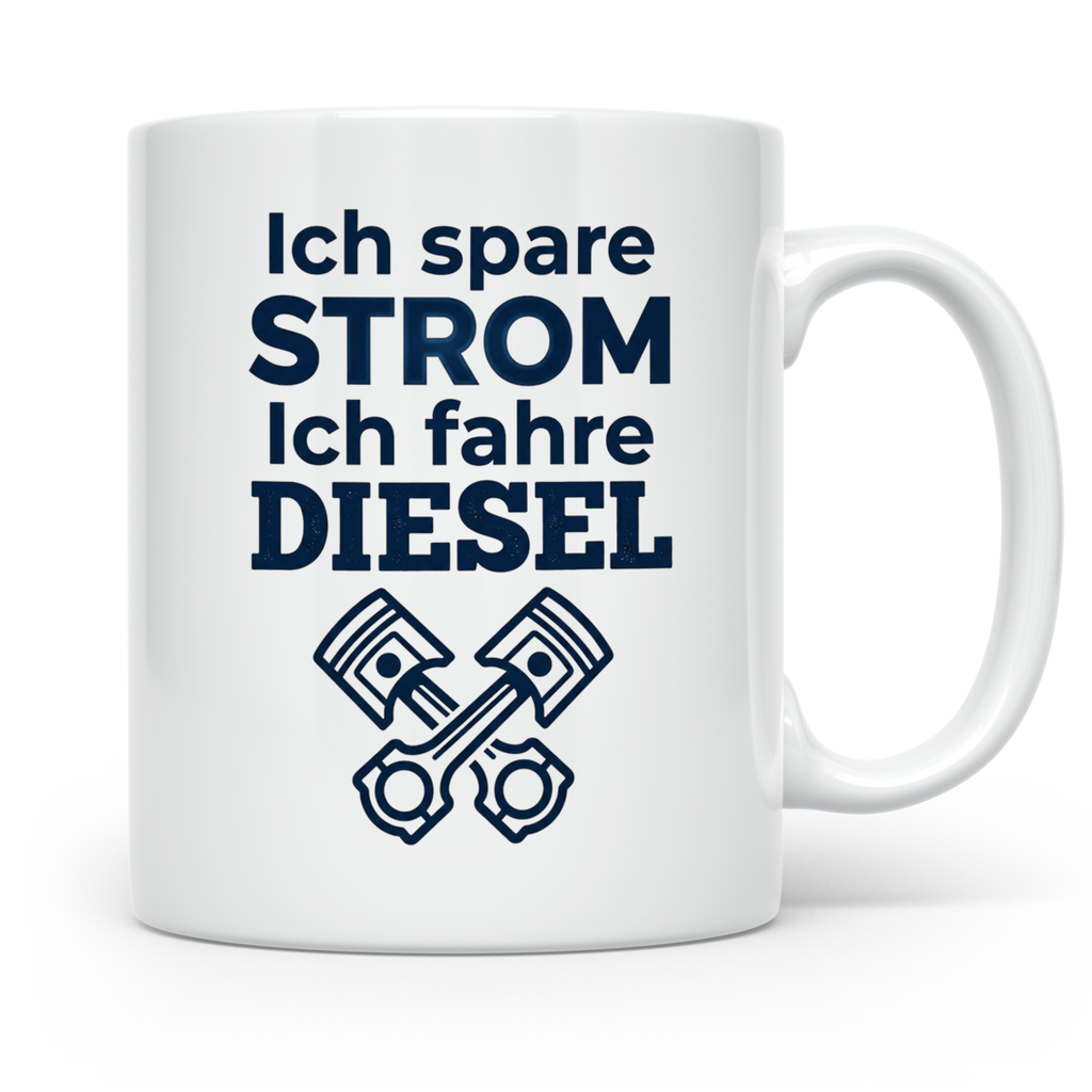 Diesel Tasse mit Spruch Ich spare Strom Ich fahre Diesel, An – Weiß [farbe:weiß]