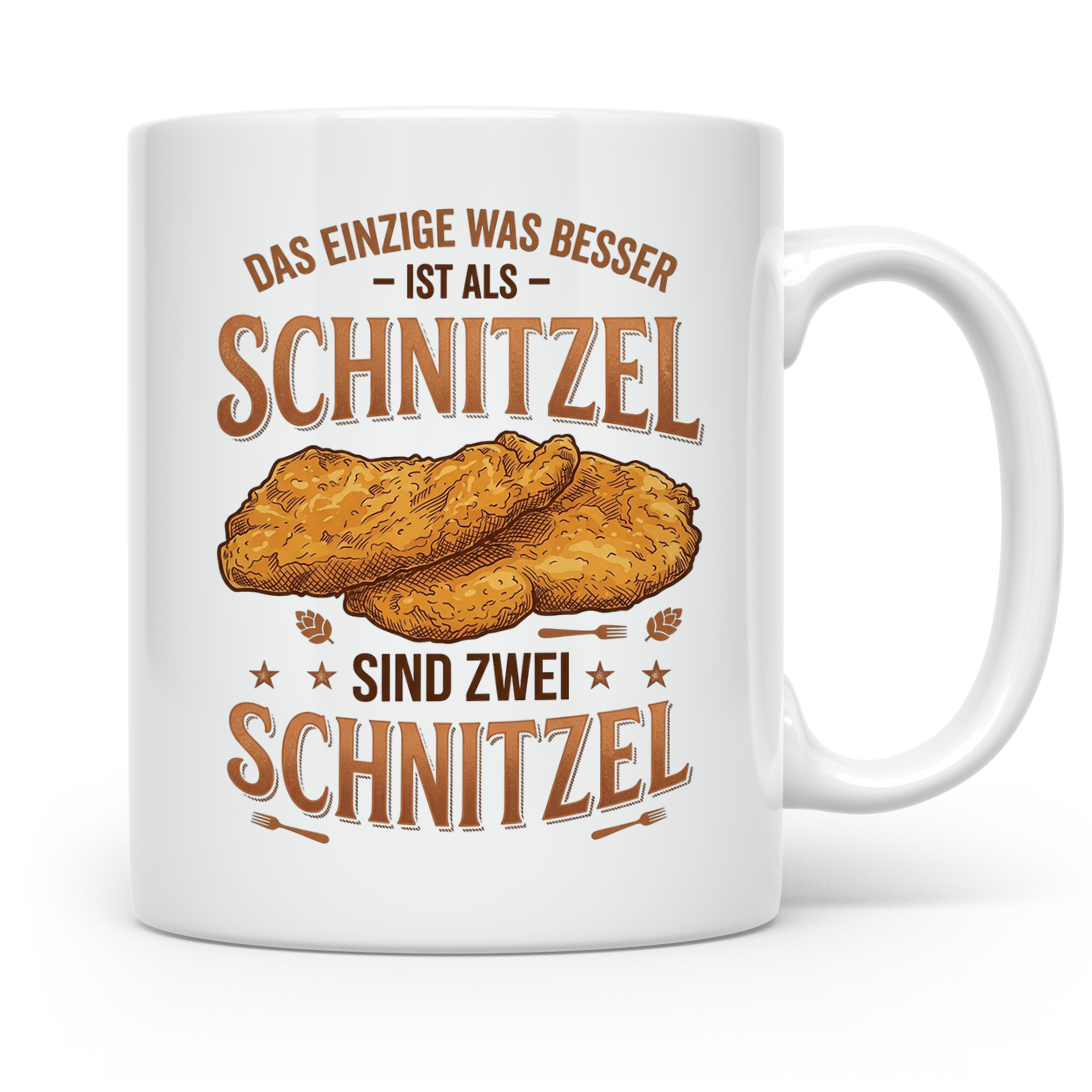 Schnitzel Tasse mit Spruch Zwei Schnitzel, lustiges Geschenk – Weiß [farbe:weiß]