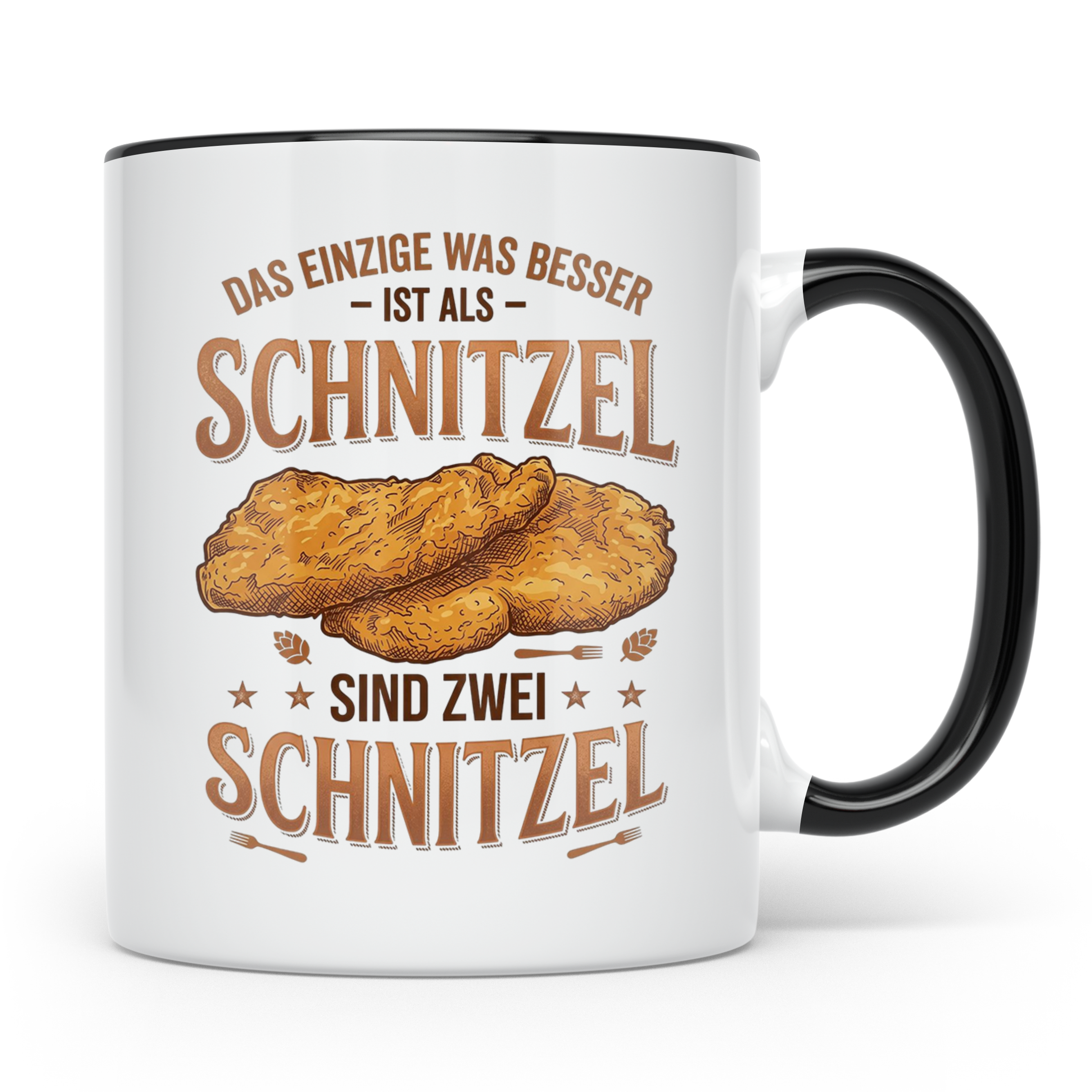 Schnitzel Tasse mit Spruch Zwei Schnitzel, lustiges Geschenk – Schwarz [farbe:schwarz]