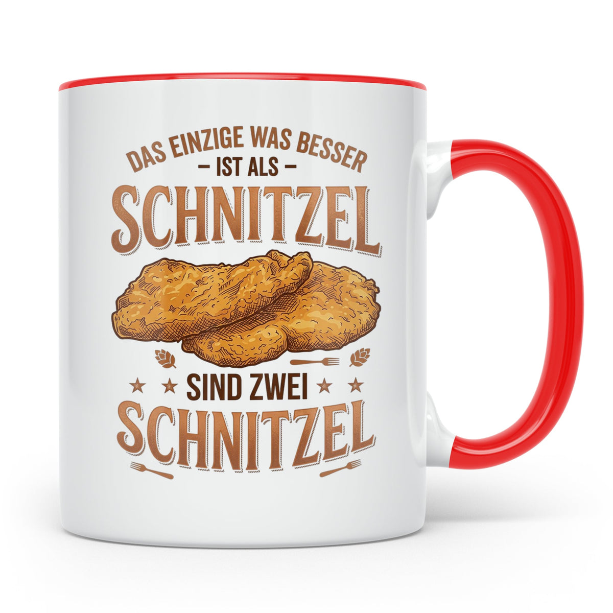 Schnitzel Tasse mit Spruch Zwei Schnitzel, lustiges Geschenk – Rot [farbe:rot]