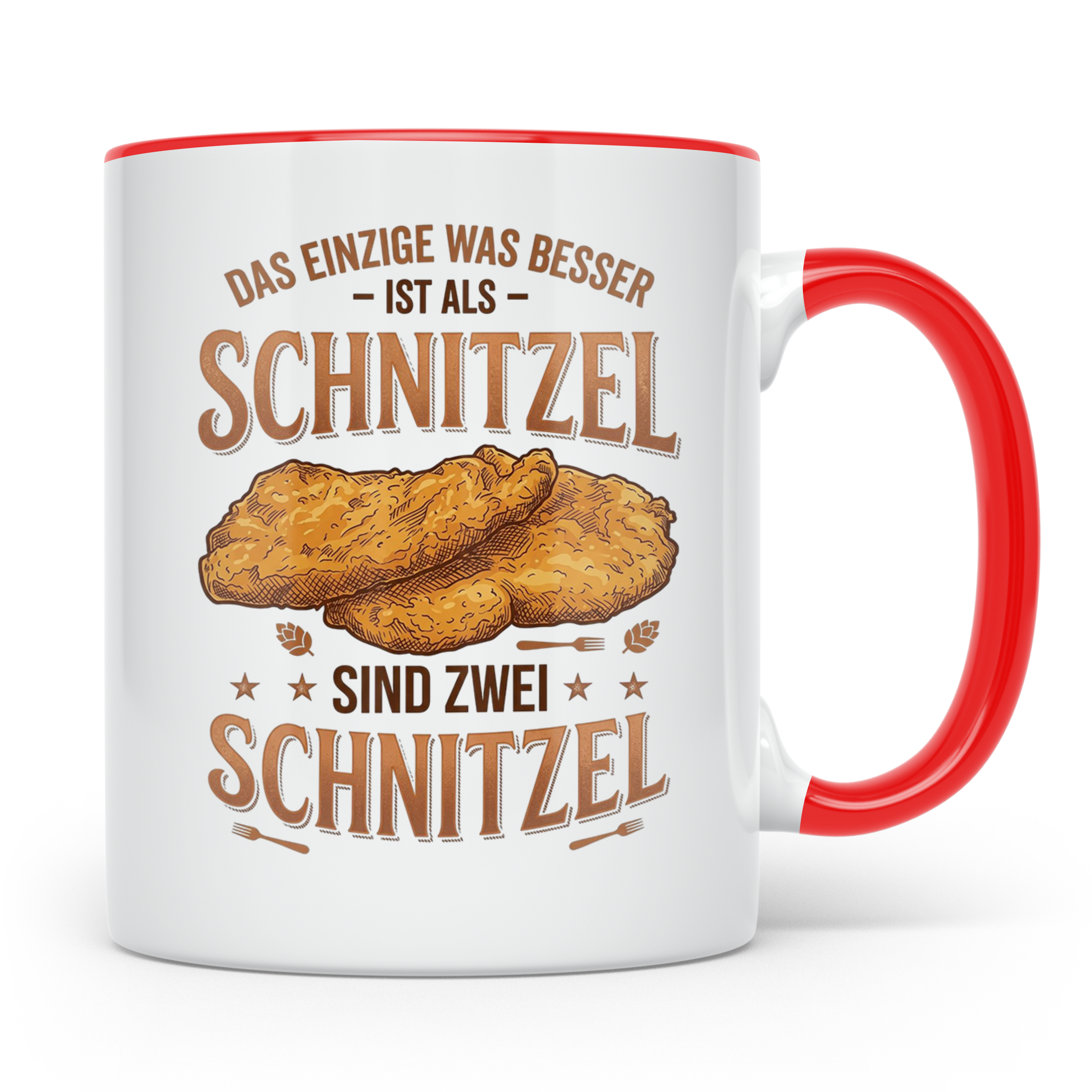 Schnitzel Tasse mit Spruch Zwei Schnitzel, lustiges Geschenk – Rot [farbe:rot]