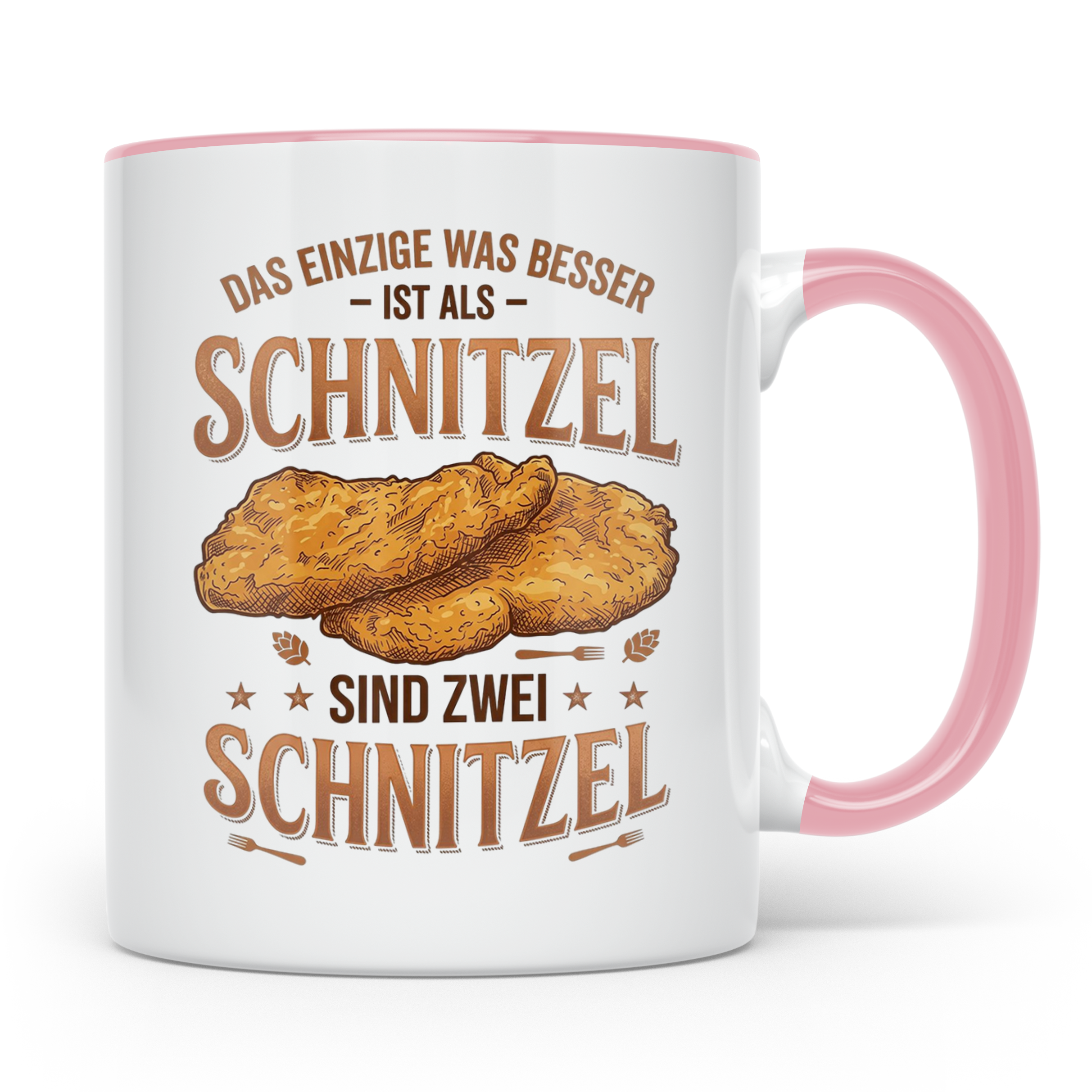 Schnitzel Tasse mit Spruch Zwei Schnitzel, lustiges Geschenk – Rosa [farbe:rosa]