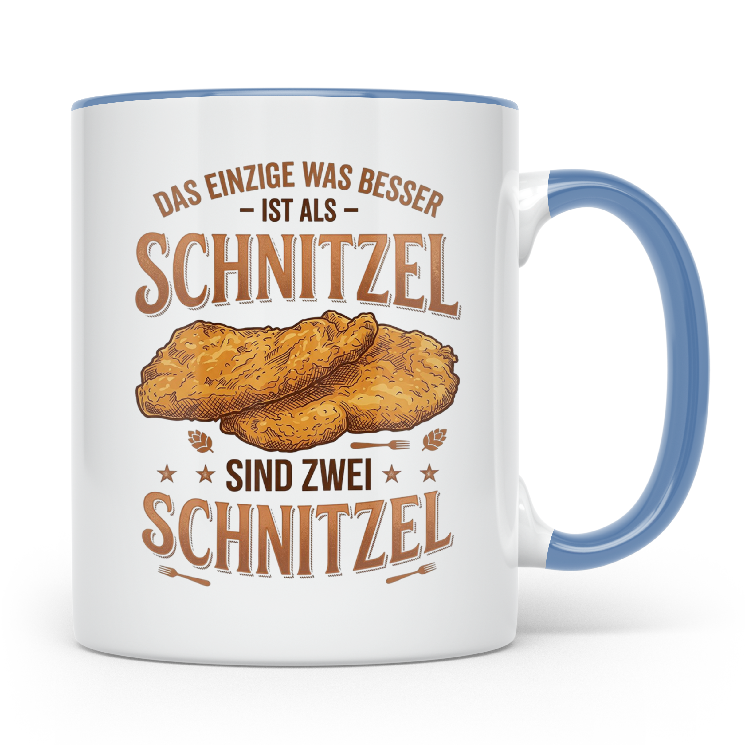 Schnitzel Tasse mit Spruch Zwei Schnitzel, lustiges Geschenk – Blau [farbe:blau]