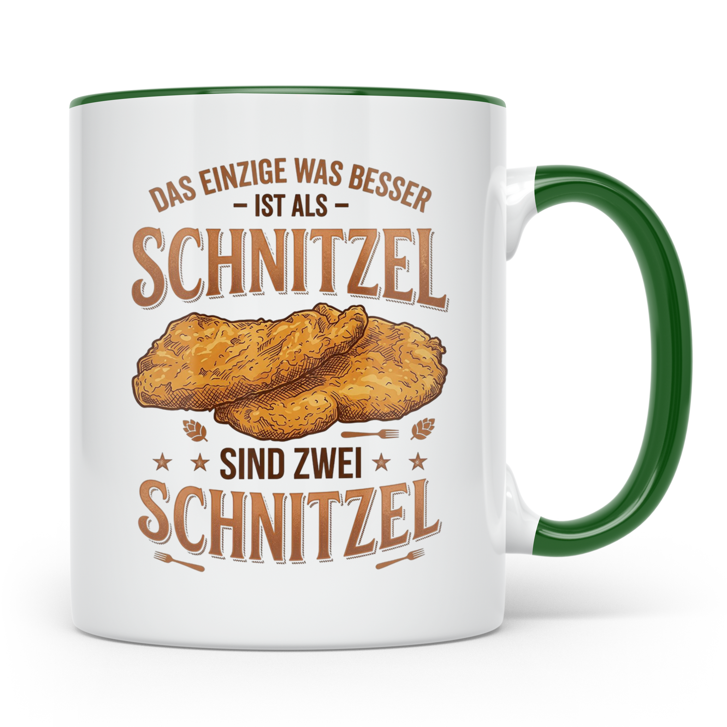 Schnitzel Tasse mit Spruch Zwei Schnitzel, lustiges Geschenk – Grün [farbe:grün]
