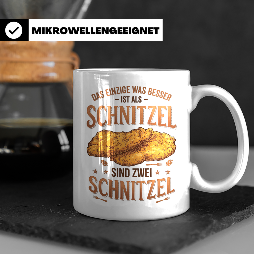Schnitzel Tasse mit Spruch Zwei Schnitzel, lustiges Geschenk – Weiß [farbe:weiß]