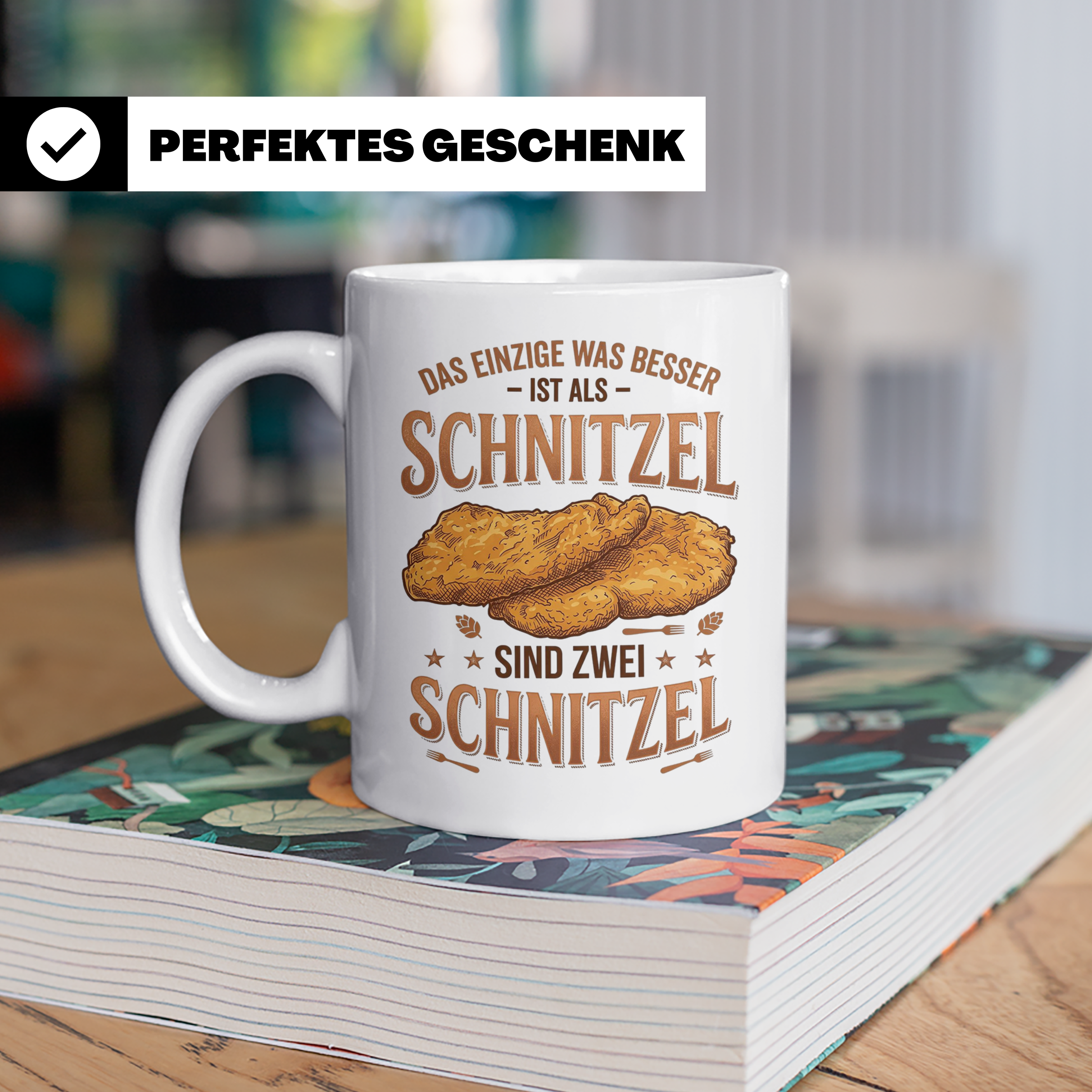 Schnitzel Tasse mit Spruch Zwei Schnitzel, lustiges Geschenk – Weiß [farbe:weiß]
