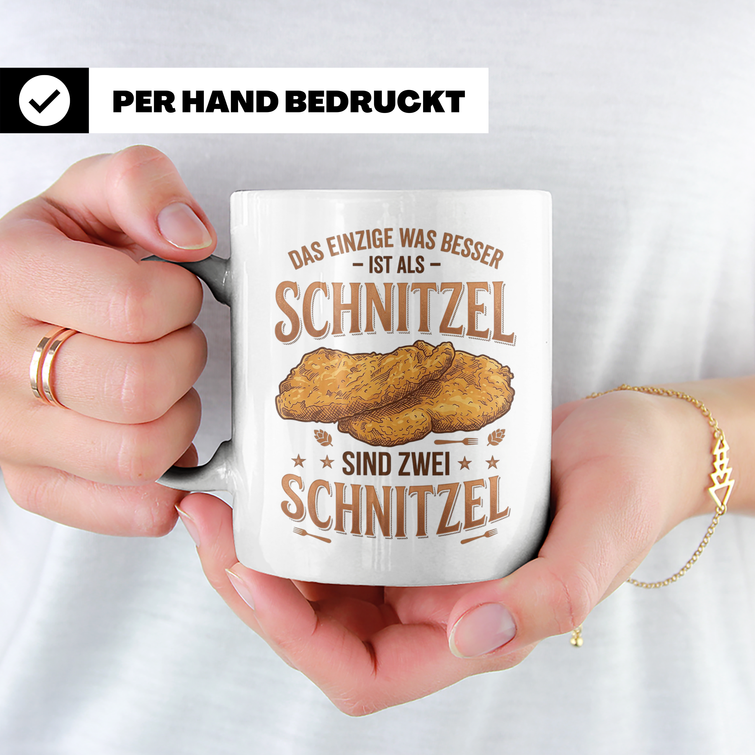 Schnitzel Tasse mit Spruch Zwei Schnitzel, lustiges Geschenk – Weiß [farbe:weiß]