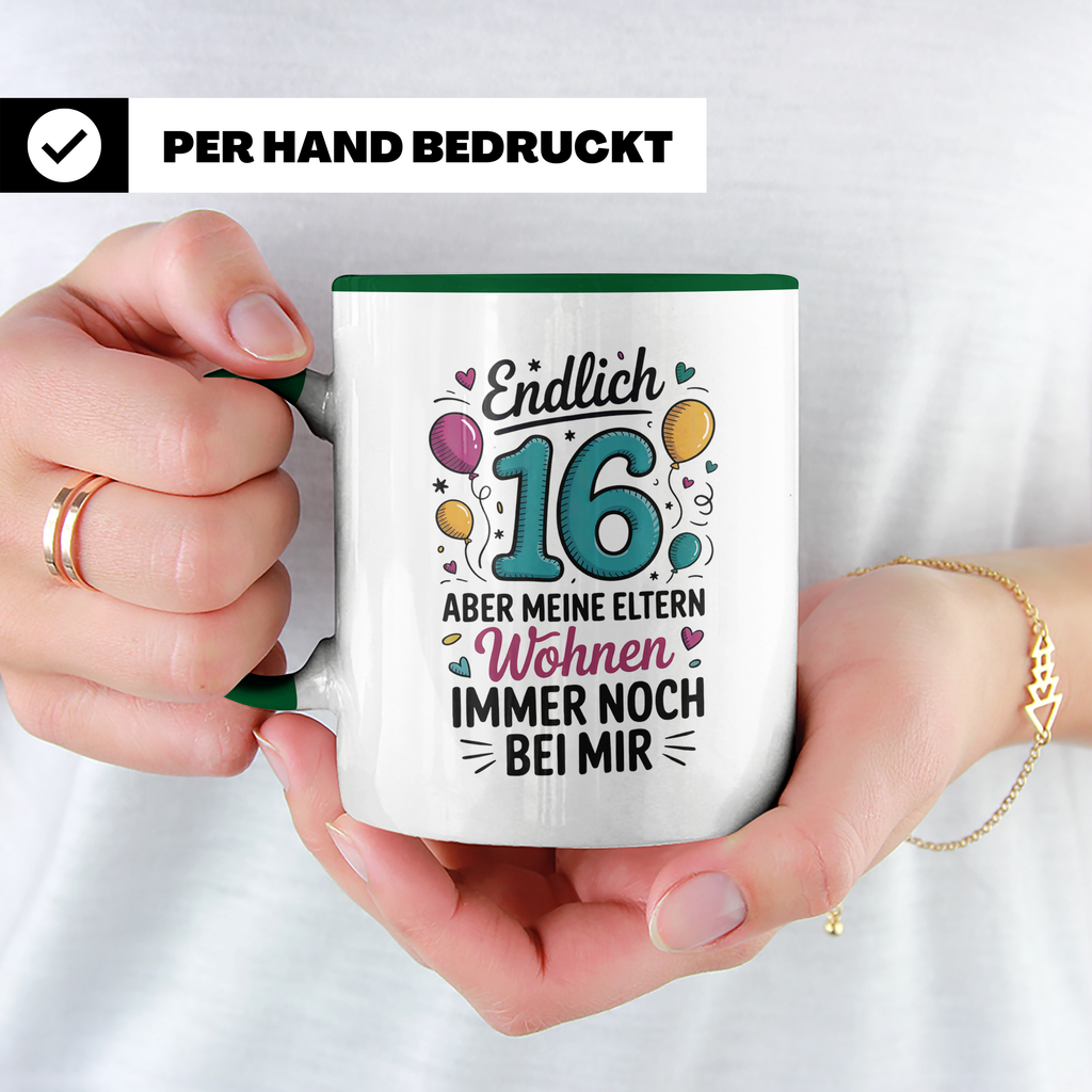 Endlich 16 Tasse - Geburtstag 16. Teenager Geschenkidee - Eltern wohnen noch bei mir - Sechzehn Sprüche Geschenk Tasse