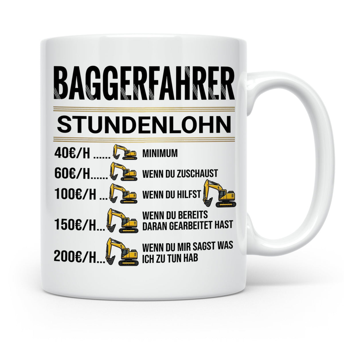 Baggerfahrer Tasse mit Spruch Stundenlohn lustig Kaffeetasse – Weiß [farbe:weiß]