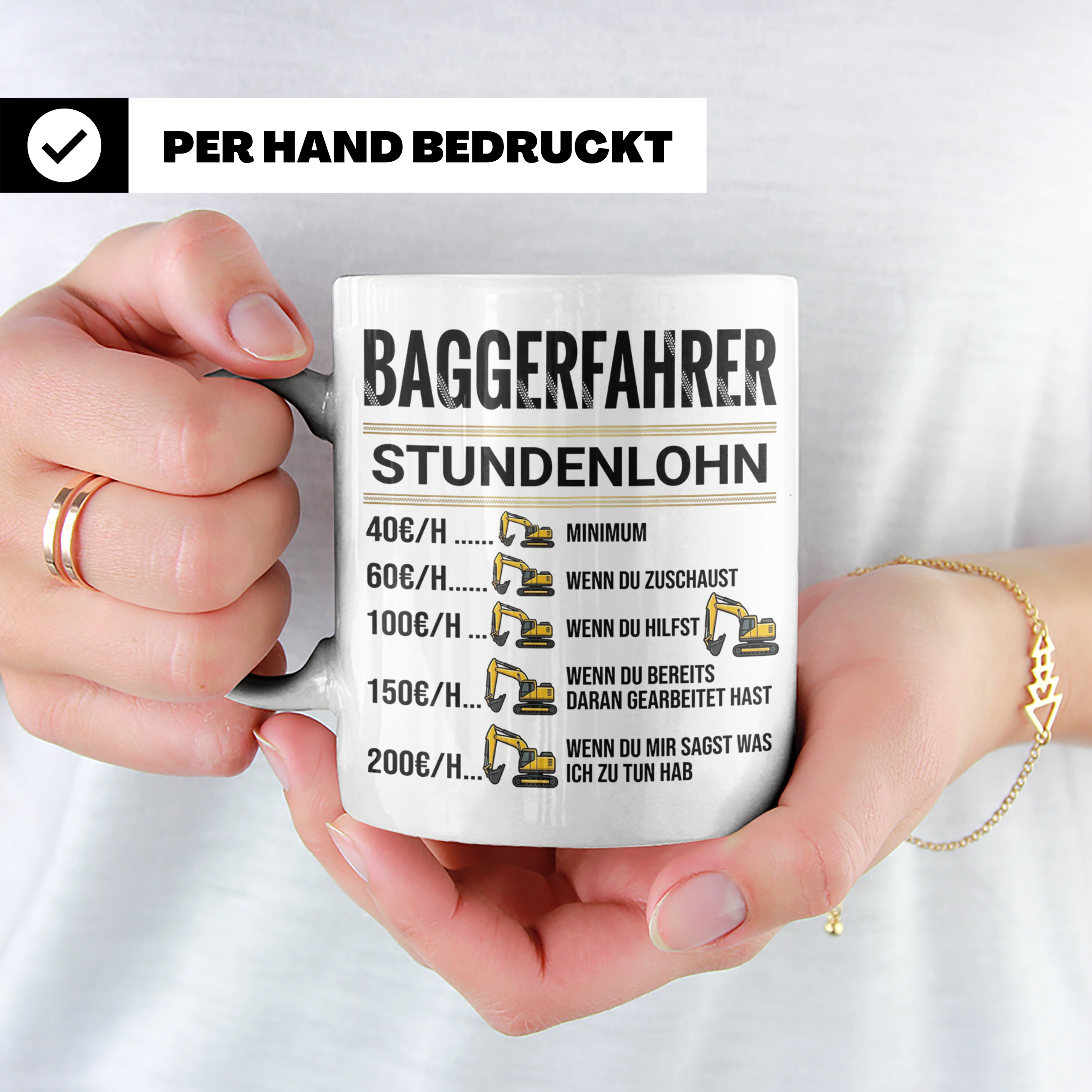Baggerfahrer Tasse mit Spruch Stundenlohn lustig Kaffeetasse – Weiß [farbe:weiß]