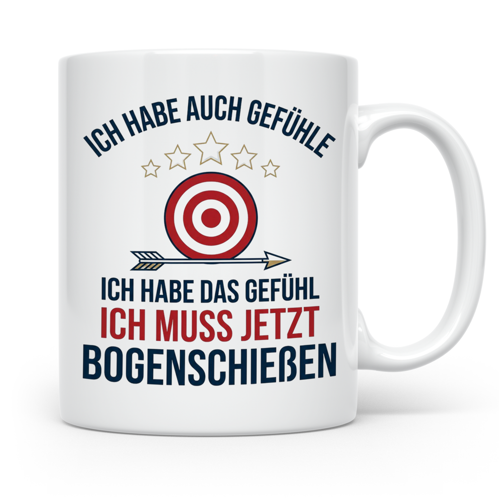 Bogenschießen Tasse mit Spruch Ich muss jetzt Bogenschießen  – Weiß [farbe:weiß]