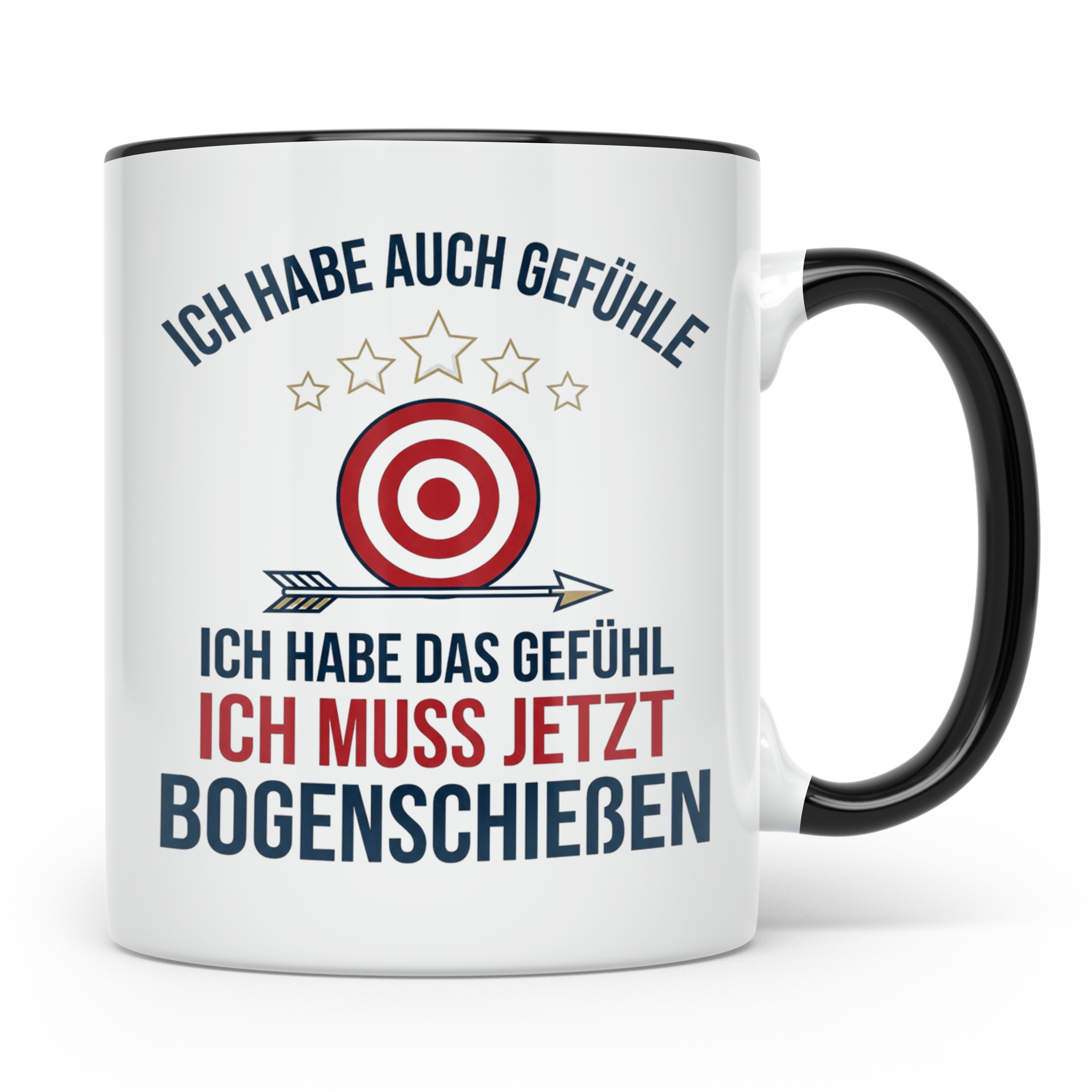 Bogenschießen Tasse mit Spruch Ich muss jetzt Bogenschießen  – Schwarz [farbe:schwarz]