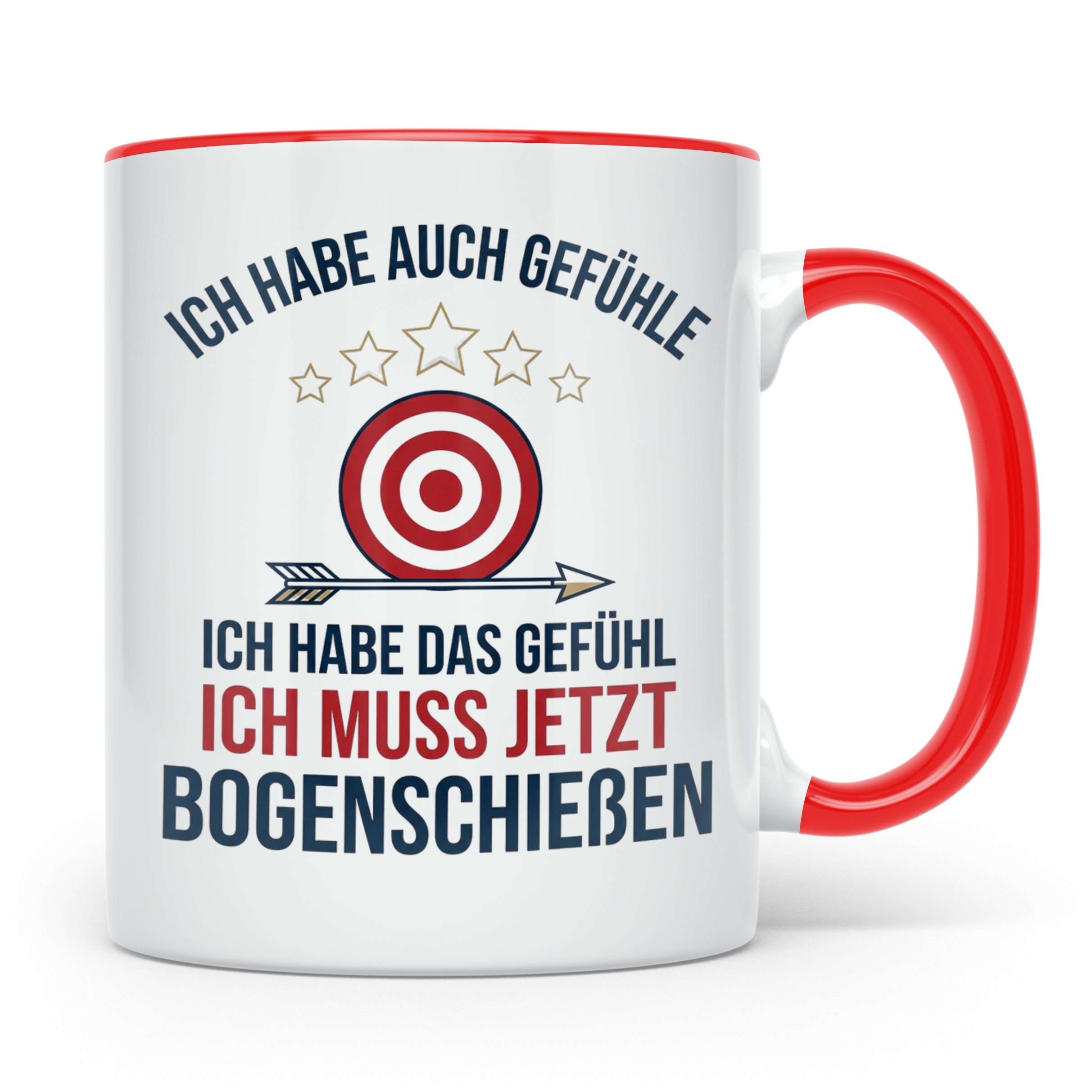 Bogenschießen Tasse mit Spruch Ich muss jetzt Bogenschießen  – Rot [farbe:rot]