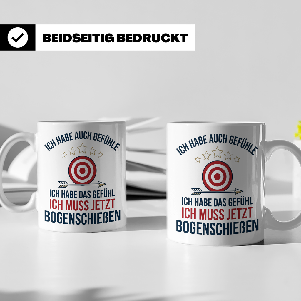 Bogenschießen Tasse mit Spruch Ich muss jetzt Bogenschießen  – Weiß [farbe:weiß]