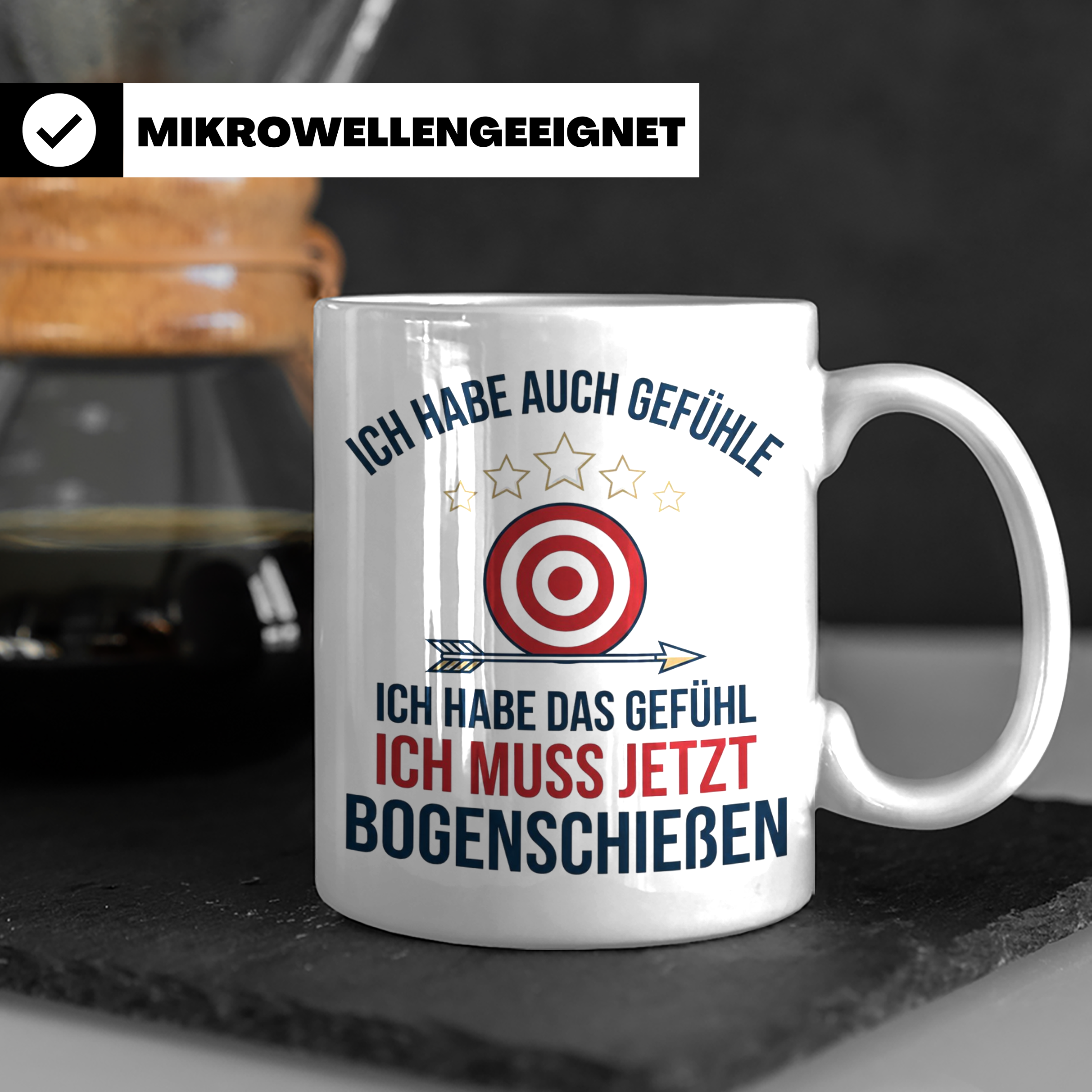 Bogenschießen Tasse mit Spruch Ich muss jetzt Bogenschießen  – Weiß [farbe:weiß]