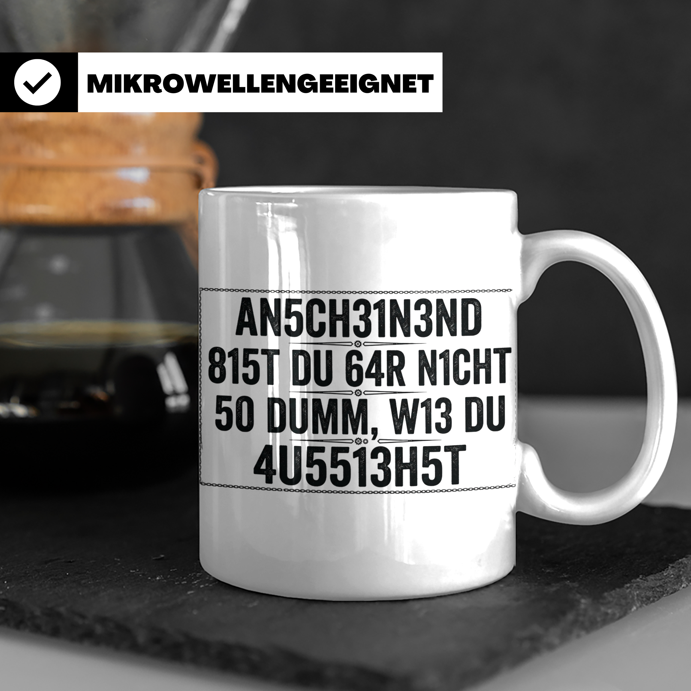 Sarkastische Tasse mit Spruch 'Anscheinend nicht so dumm'. L – Weiß [farbe:weiß]