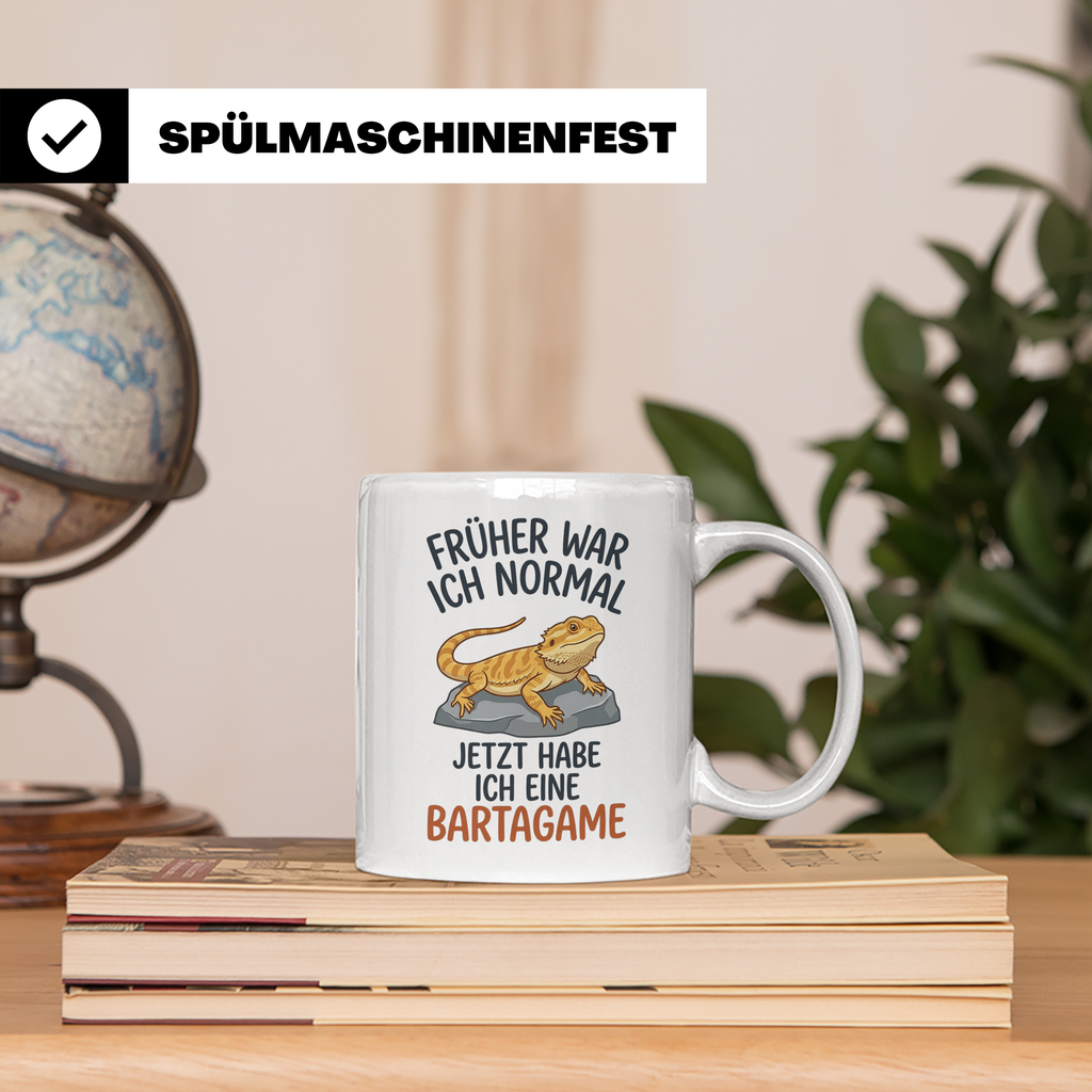 Bartagame Tasse mit Spruch Früher normal. Lustiges Geschenk  – Weiß [farbe:weiß]